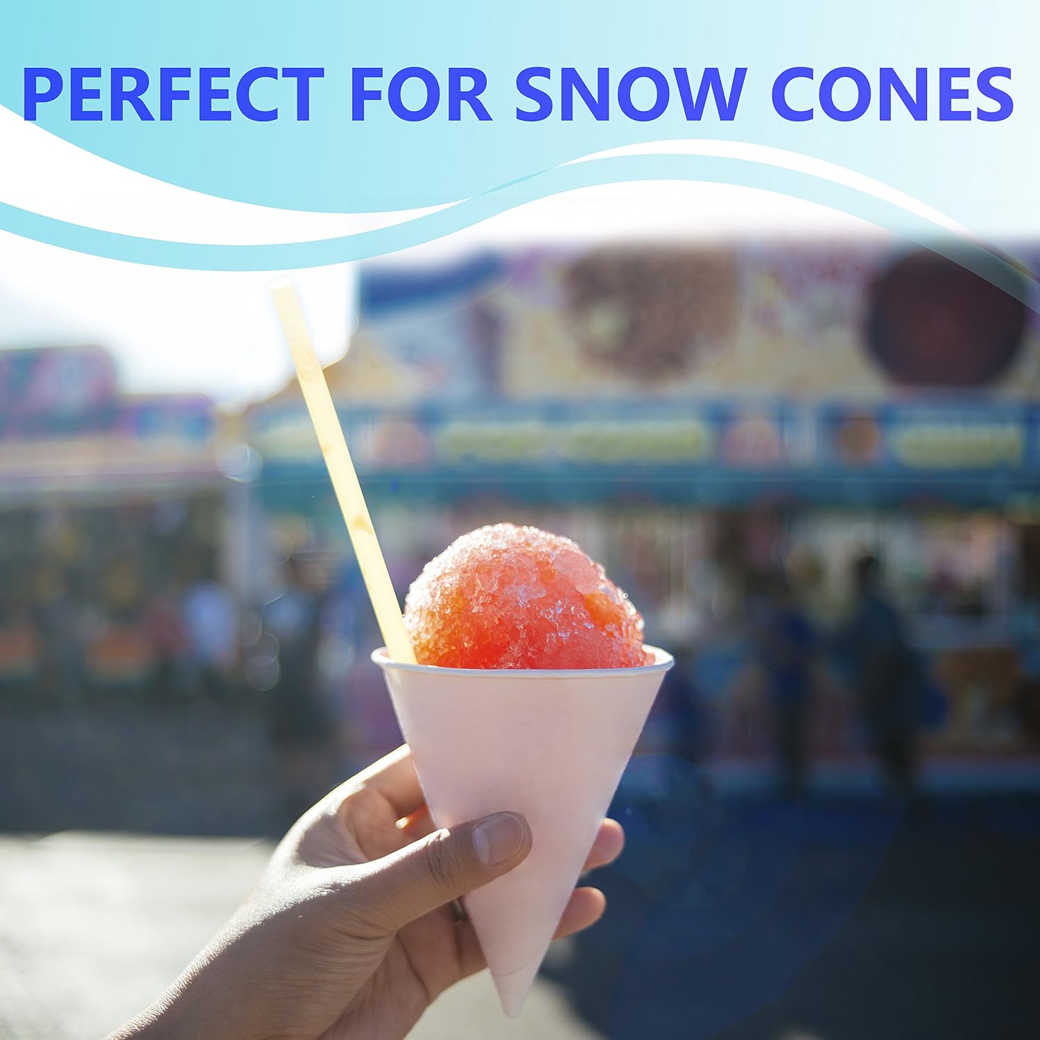 100 Paper Snow Cone Cups, 6 OZ Disposable Funnel Wax Coated Shaved Ice Cups