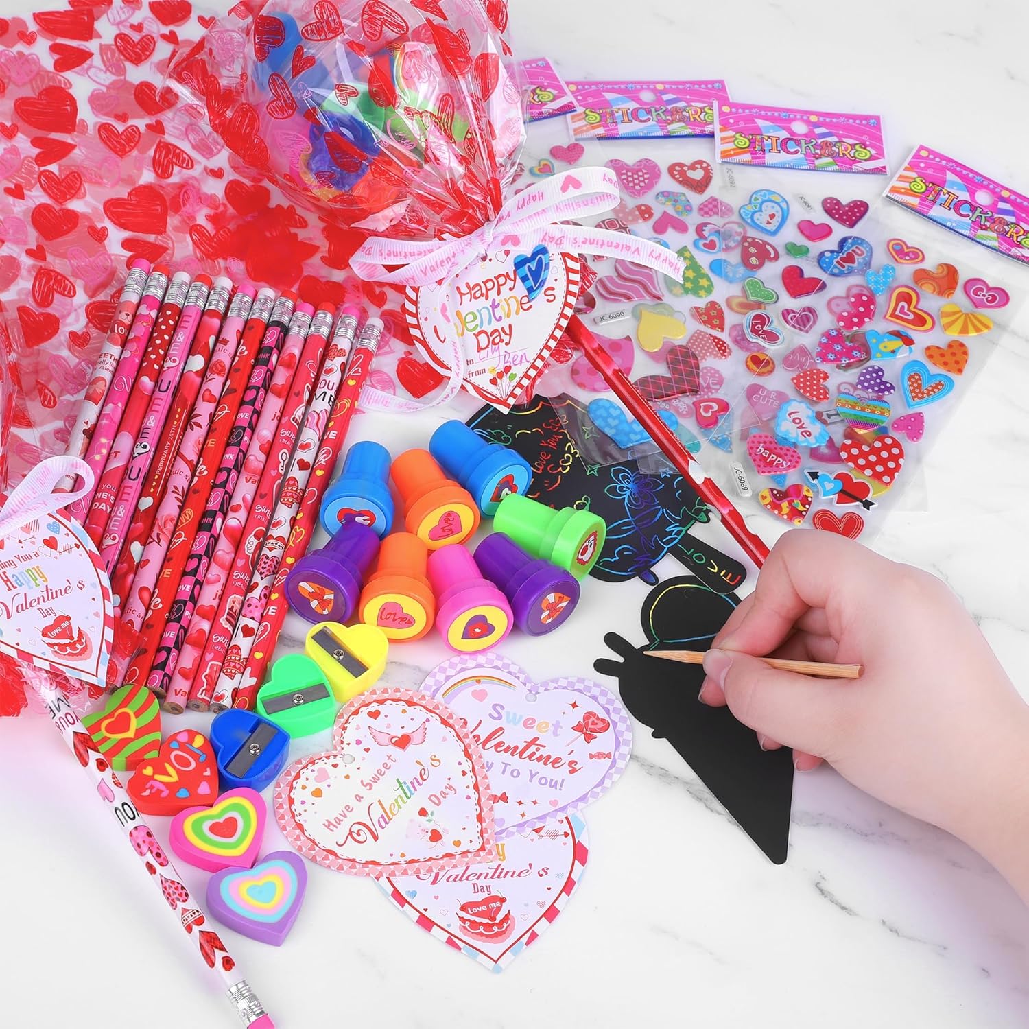 Aneco 24 Giant Lollipop-Shaped Stationery Set, Valentines Day Gifts with Scratch Art Kits Cards Pencils Stickers Erasers Stamps Sharpeners for Exchange Party Favors Bags