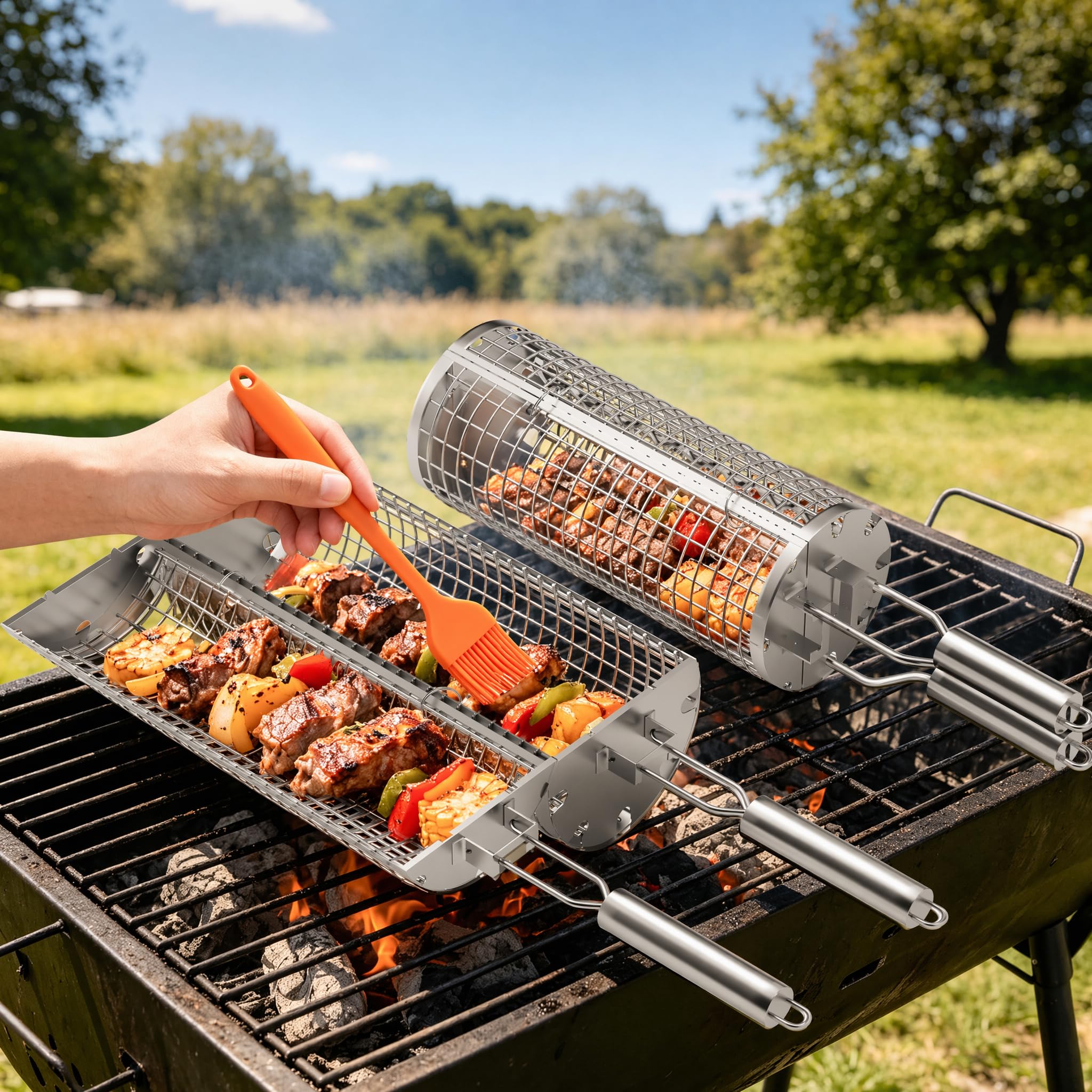 2 x Paniers de Gril en Acier Inoxydable de Rôtisserie, Accessoires de Barbecue avec Ouverture Latérale et Poignée Amovible, BBQ Légumes et les Petits Aliments, Cadeaux de Barbecue pour Hommes