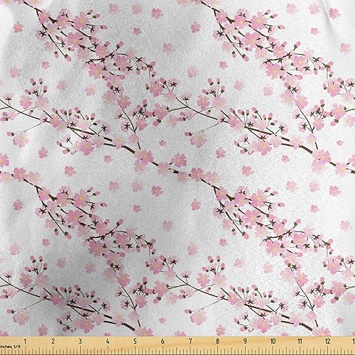 Ambesonne The Yard, tela de primavera de cerezo japonés, árbol de Sakura floreciendo ramas de renacimiento, tela de satén decorativa para textiles