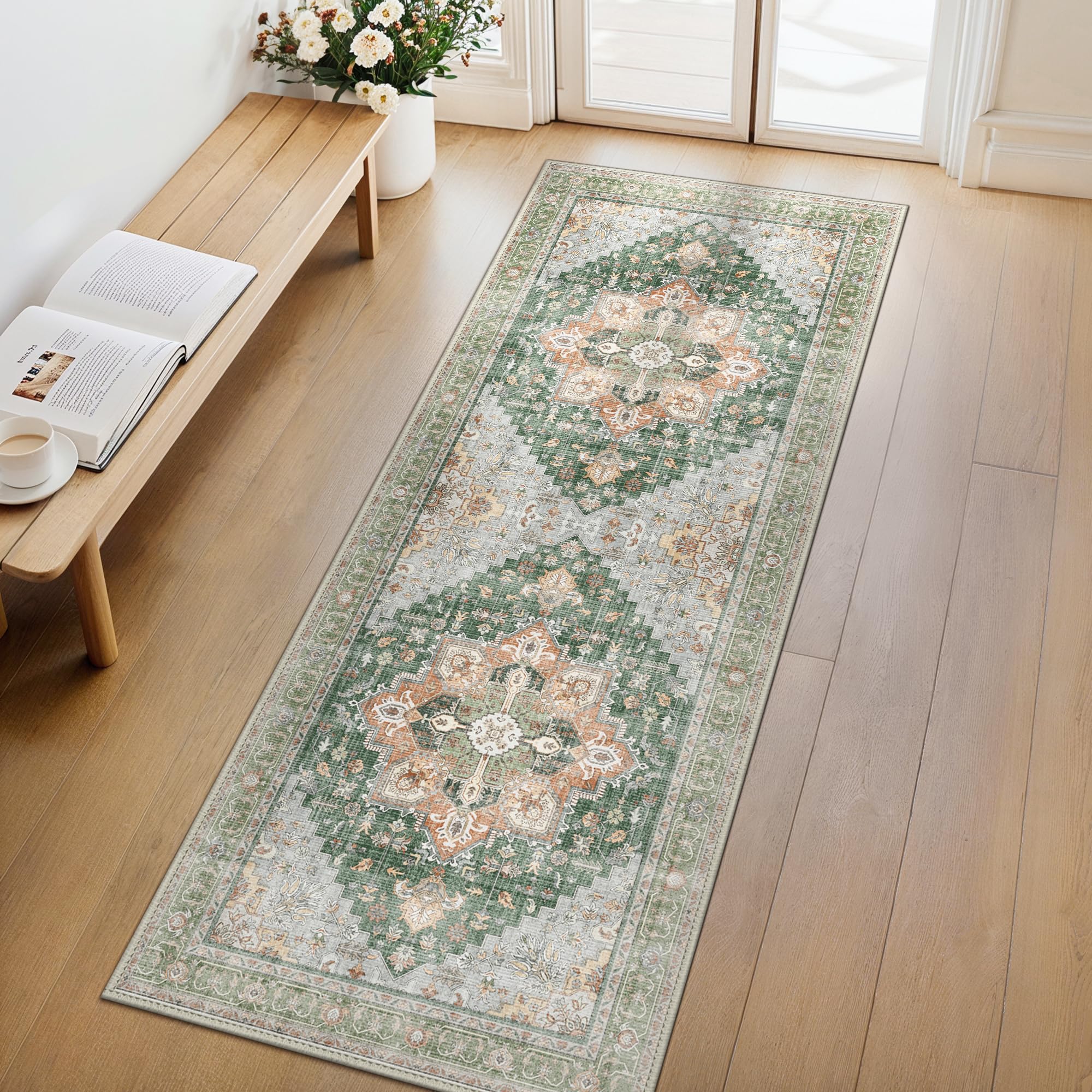 GENIMO 2x5 Runner Rugs for Hallway, Machine Washable Non Slip Vintage Rugs, Low Pile Lightweight Soft Print Rug for enrtyway, Corridor, Home Office,