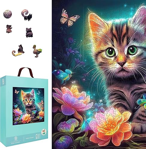 Miniatura 8 de Mys Aurora Rompecabezas de madera, rompecabezas de madera de gatito en ensueño, 200 piezas, rompecabezas de madera con forma de lujo único para