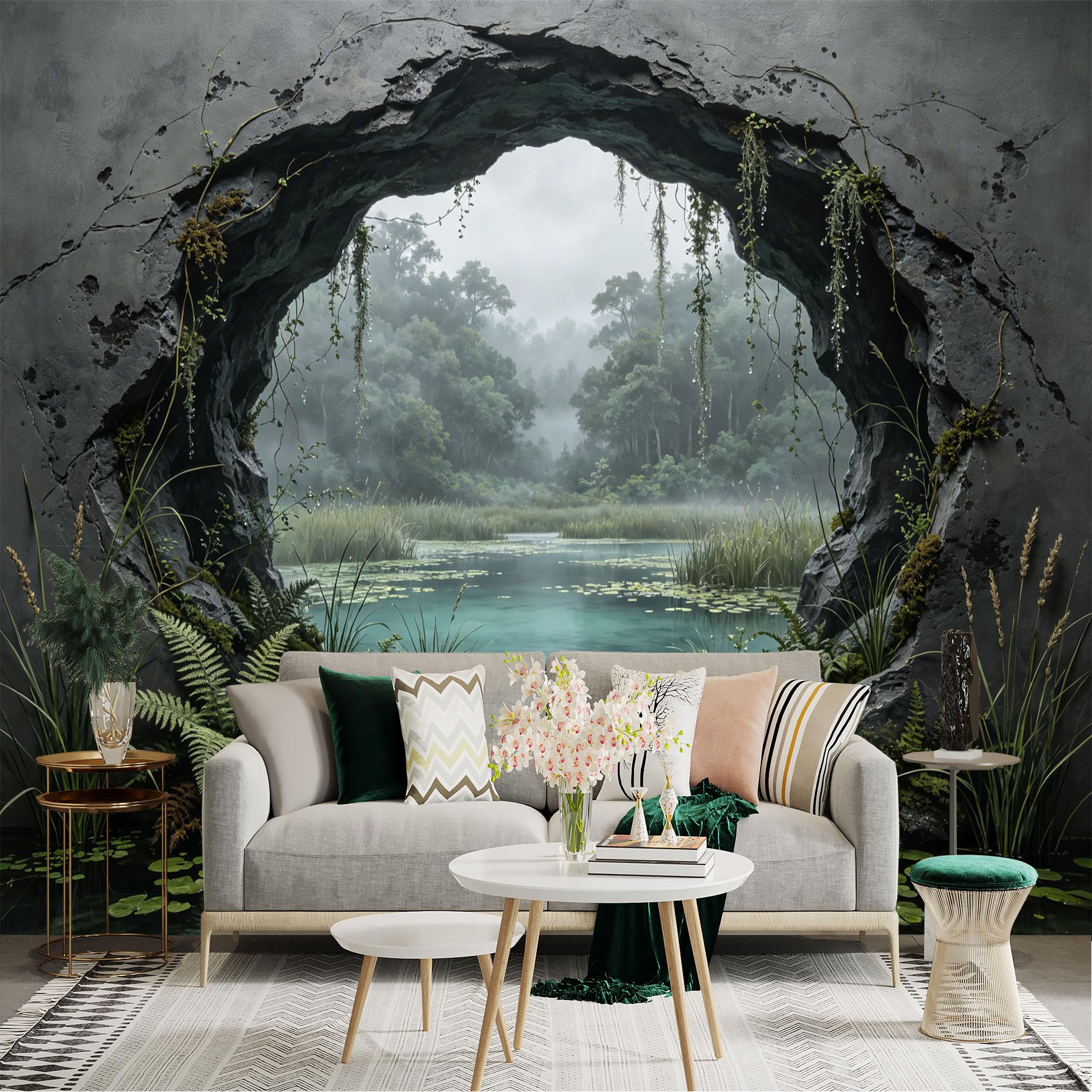 Custom Size Wall Sticker Mural， Misty Lake View Through Stone Cave with Forest and Ferns， for wall Decoration， peelandstick wall Decals.