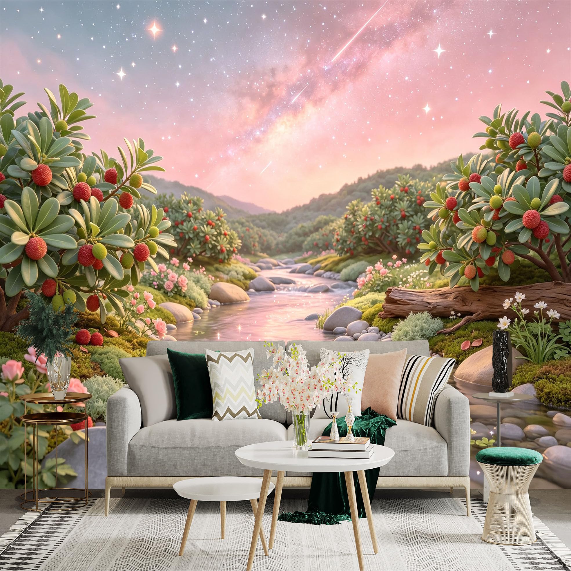 Lnzczhyre Bh260719427 Custom Size Wall Sticker Mural， Dreamy Fruit Garden， Sparkling River， Pink Sky， Glowing Stars， For Wall Decoration， Peelandstick Wall Decals.