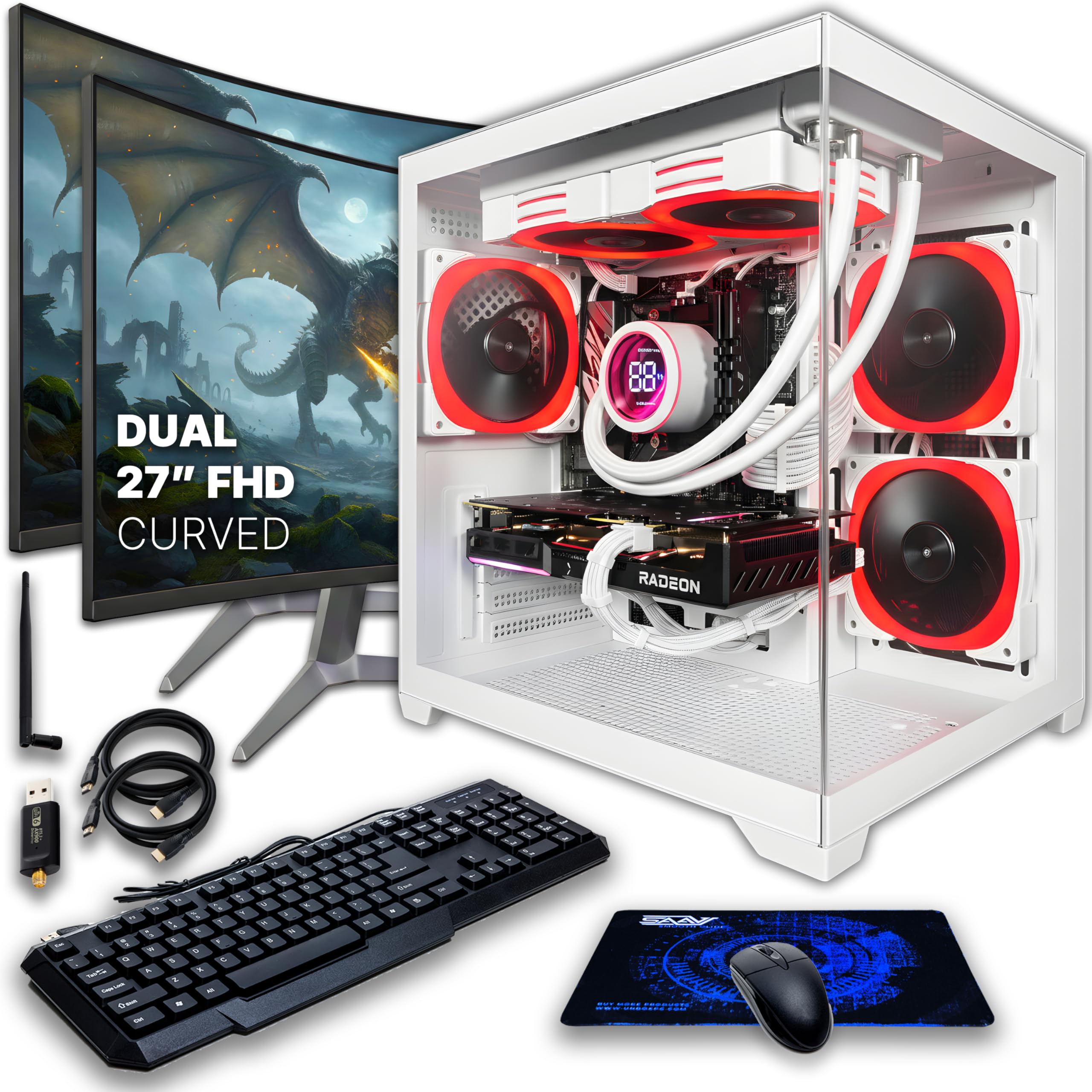 SAAV CORE Prebuilt Gaming PC Bundle Desktop Tower AMD Ryzen 7 5800X Radeon RX 9060 XT 8GB GDDR6 Dual Curved 27in Monitor 32GB DDR4 1TB NVMe WiFi6 Windows 11 AIO Liquid Cooled Computer PC Gaming Black: 5060 | Ryzen 7 | 32GB Air 27 x1
