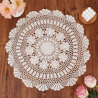 kilofly Handmade Crochet Cotton Lace Table Sofa Doily, Waterlily, Beige, 22 inch