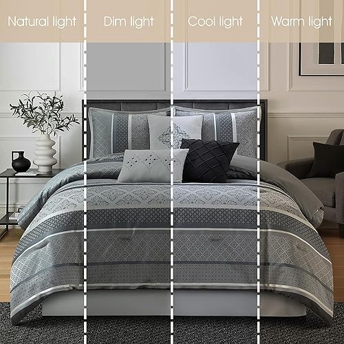 Miniatura 5 de Grand Avenue Juego de edredón geométrico gris tamaño California King, juego de ropa de cama jacquard de 7 piezas, ultra suave, fundas a juego, falda