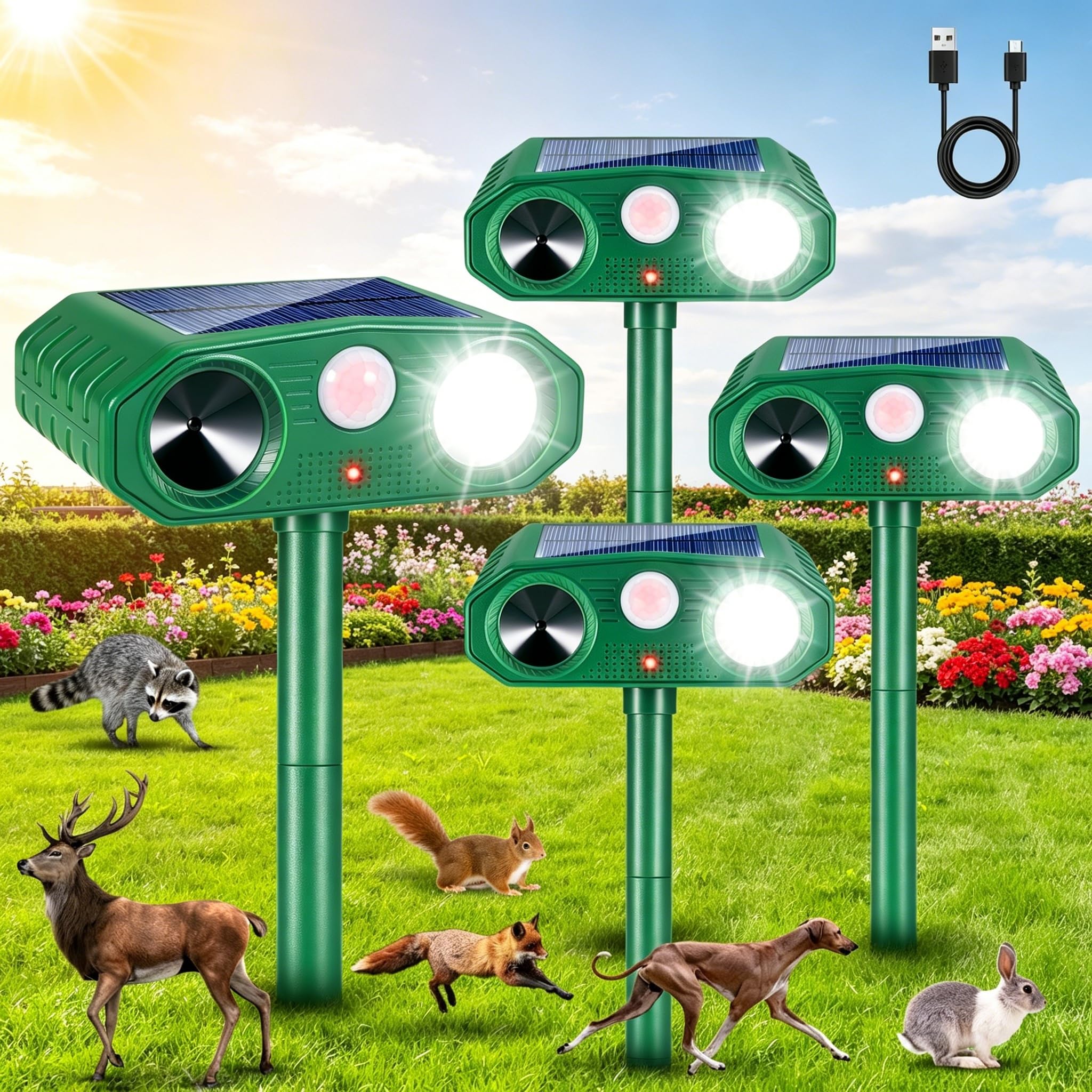 Repellente solare per animali all'aperto, repellente per gatti all'aperto, USB e frequenza regolabile, per cervi coyote, puzzole, procioni, volpi, deterrenti per animali leggeri, con sensore di