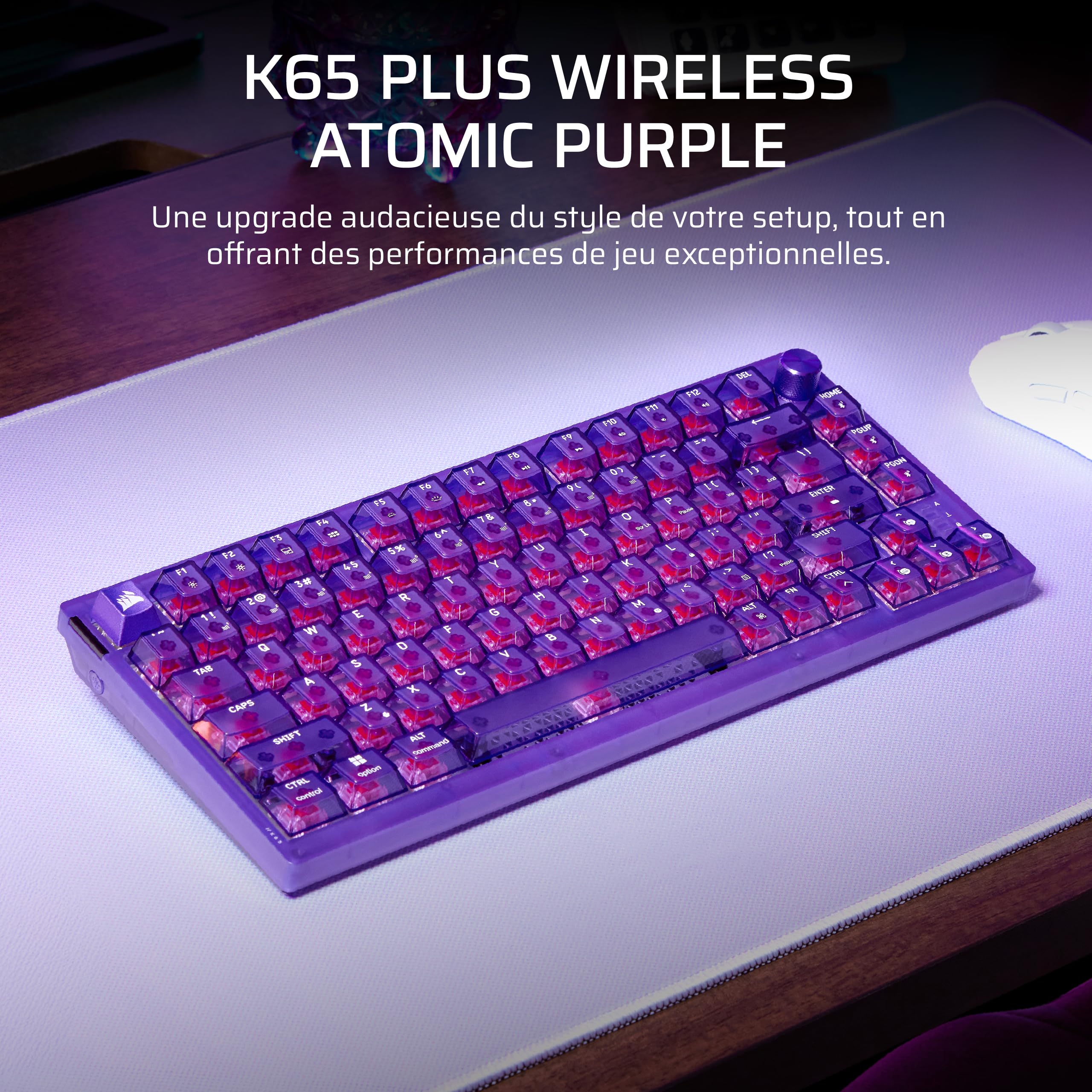 Corsair K65 Plus sans Fil 75% Gaming Clavier (AZERTY FR) – Violet Atomique | RGB, Mechanical, Commutateurs Linéaires CORSAIR MLX Red Pré-Lubrifiés, Keycaps PBT – PC, PS5, PS4, Xbox