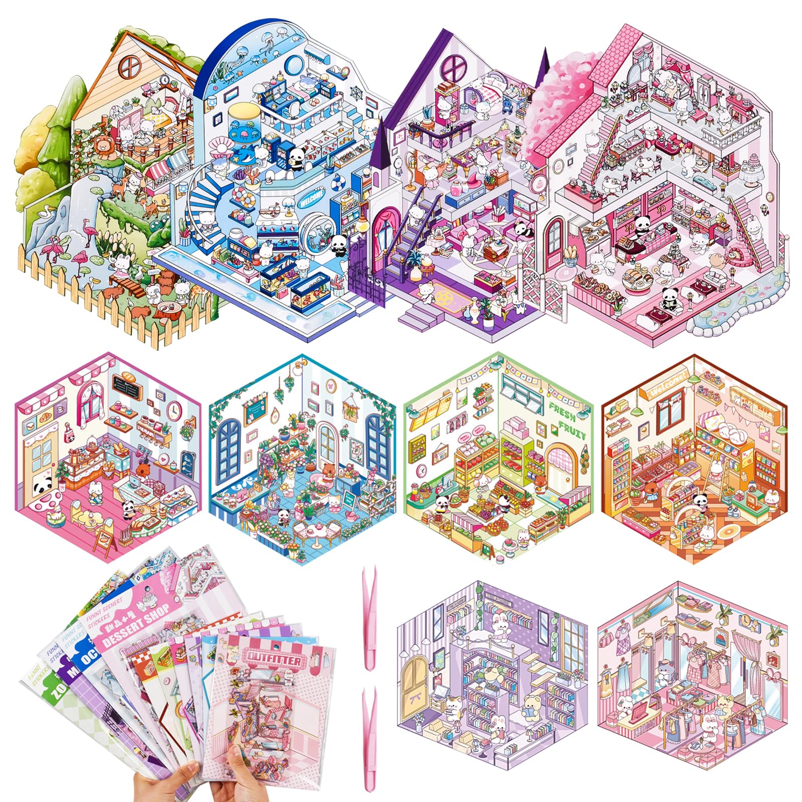 10 Sets DIY 3D Sticker Scene Sticker Therapy Cute Cartoon Stickers Scene Make Your Own Scenes Relief Stress House Stickers