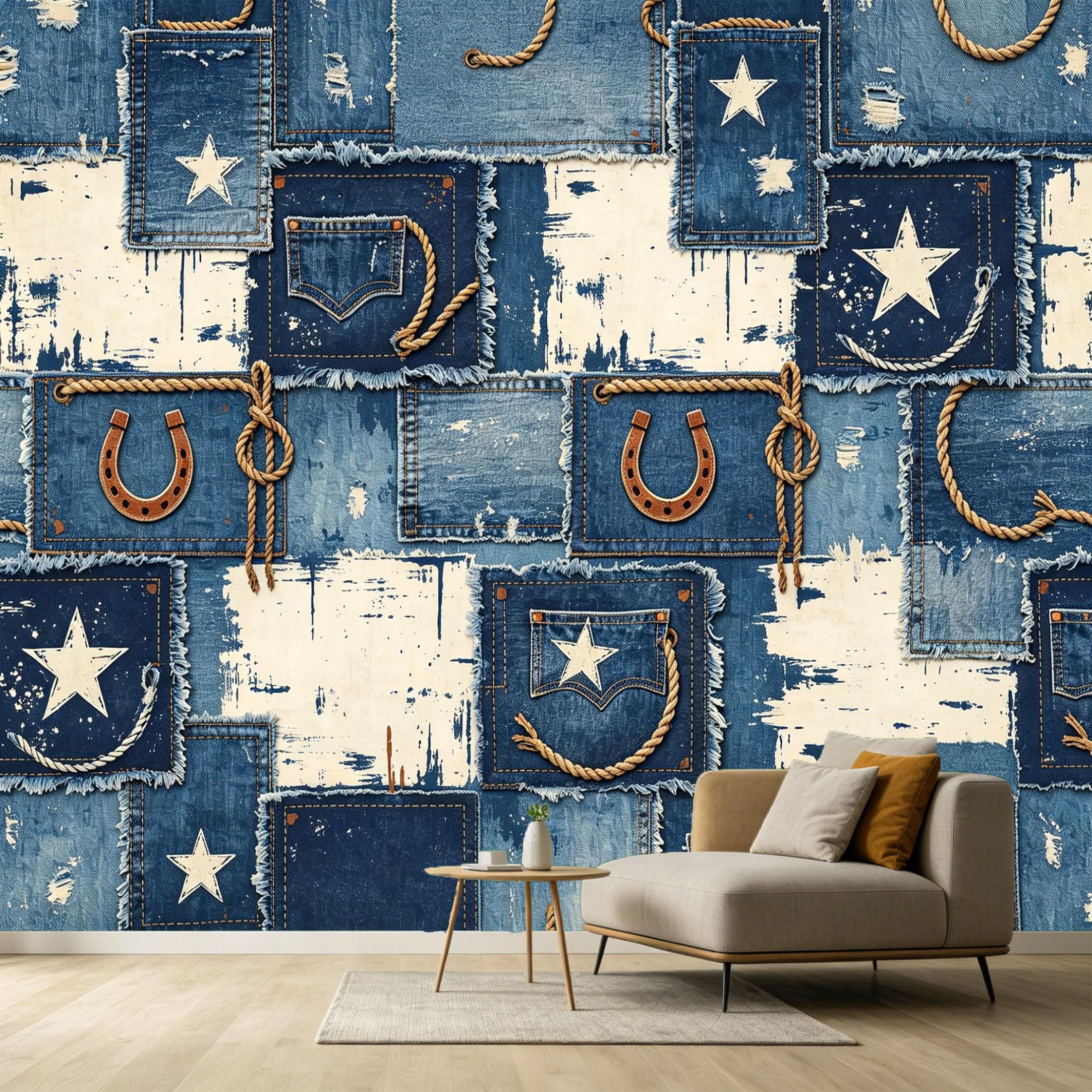 Custom Size Wall Murals Western Denim Patchwork Stars Horseshoe Textured SelfAdhesive Wall Fabric Removable Large Wallpaper for Photo Living Room