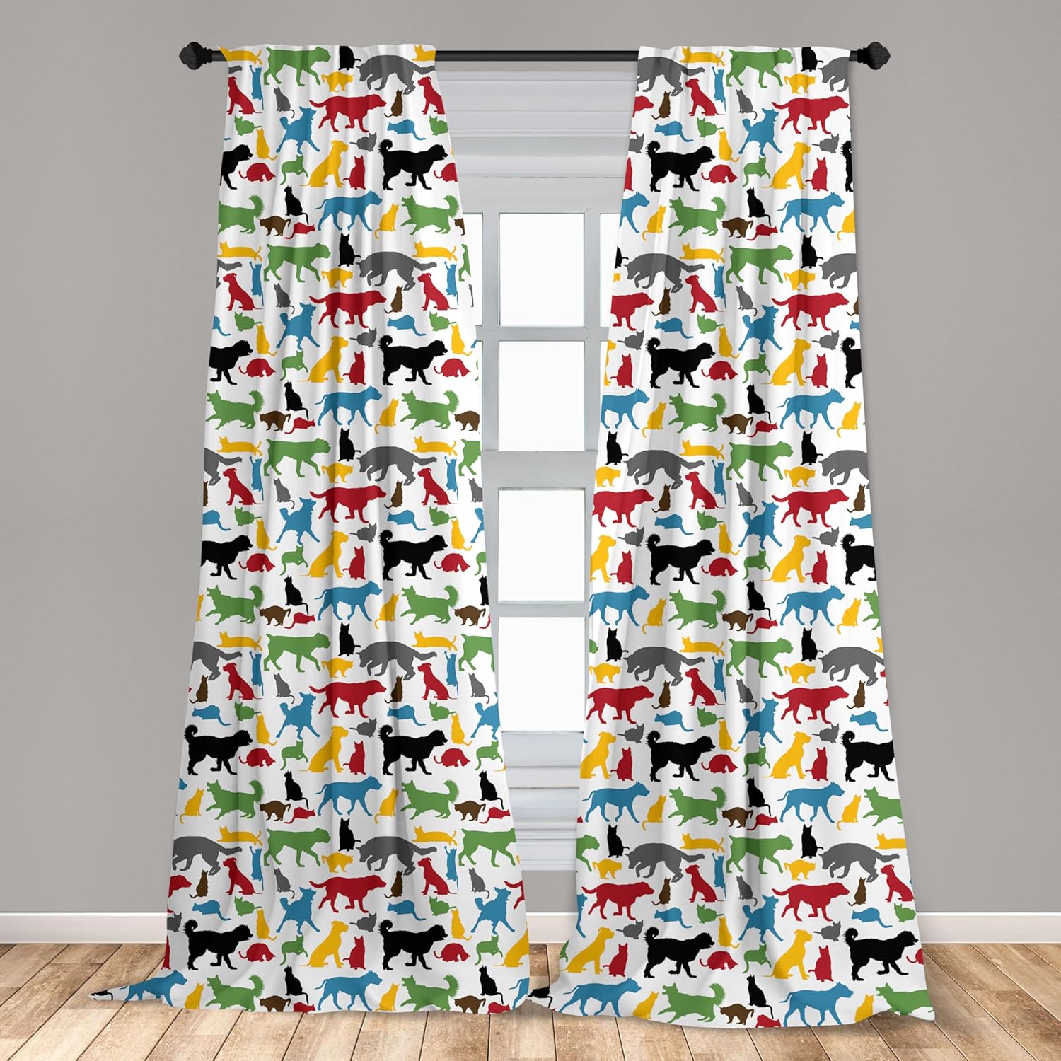 Ambesonne Cats Window Curtains, Colorful Cats and Dogs Animal Silhouettes Domestic Pets Cartoon Canine Characters, Decorative Panels Set of 2 with Rod Pocket, Pair of - 28" x 95", Bold Magenta