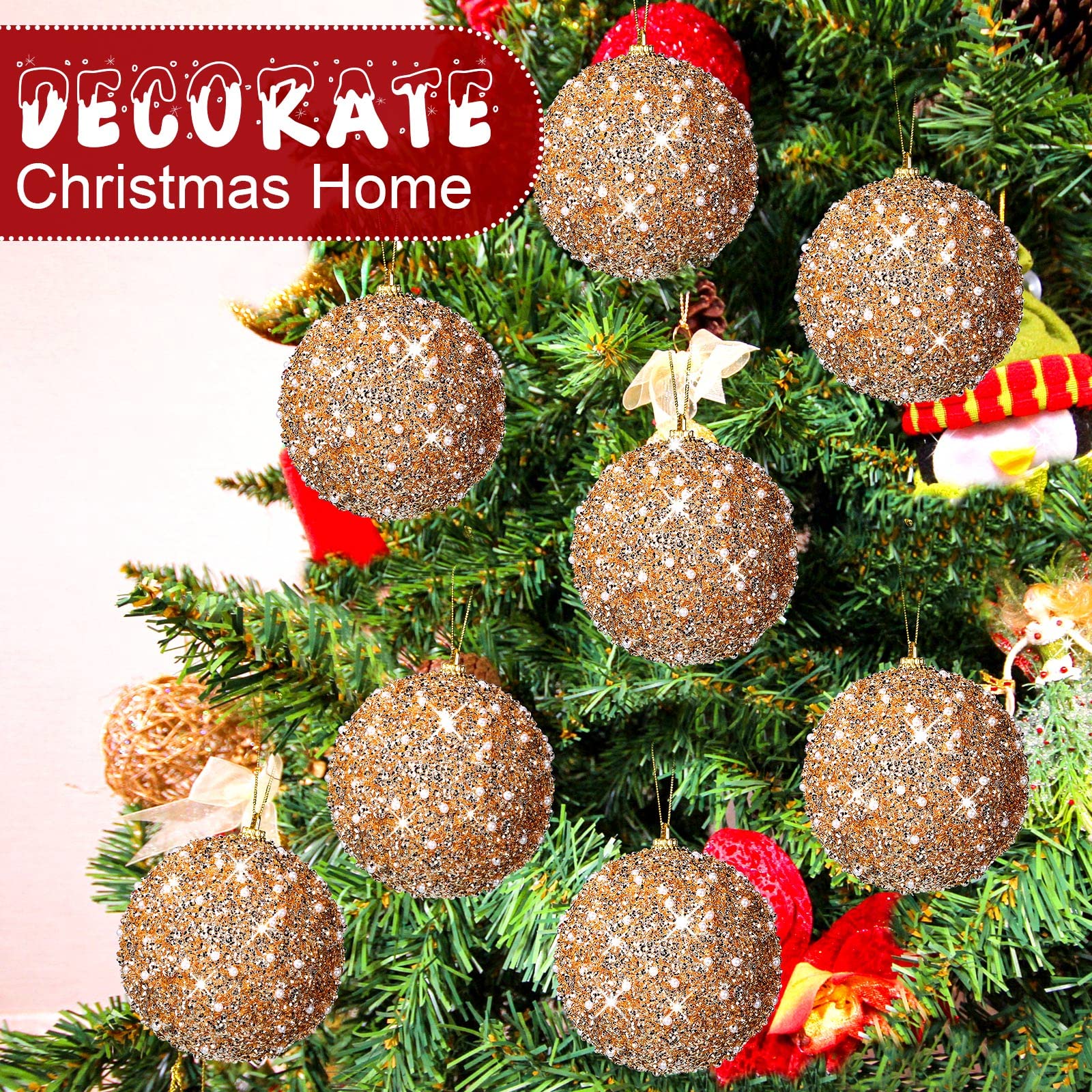 Lot de 8 boules de Noël à paillettes à suspendre - Décoration de Noël à suspendre - Décoration de fête de mariage