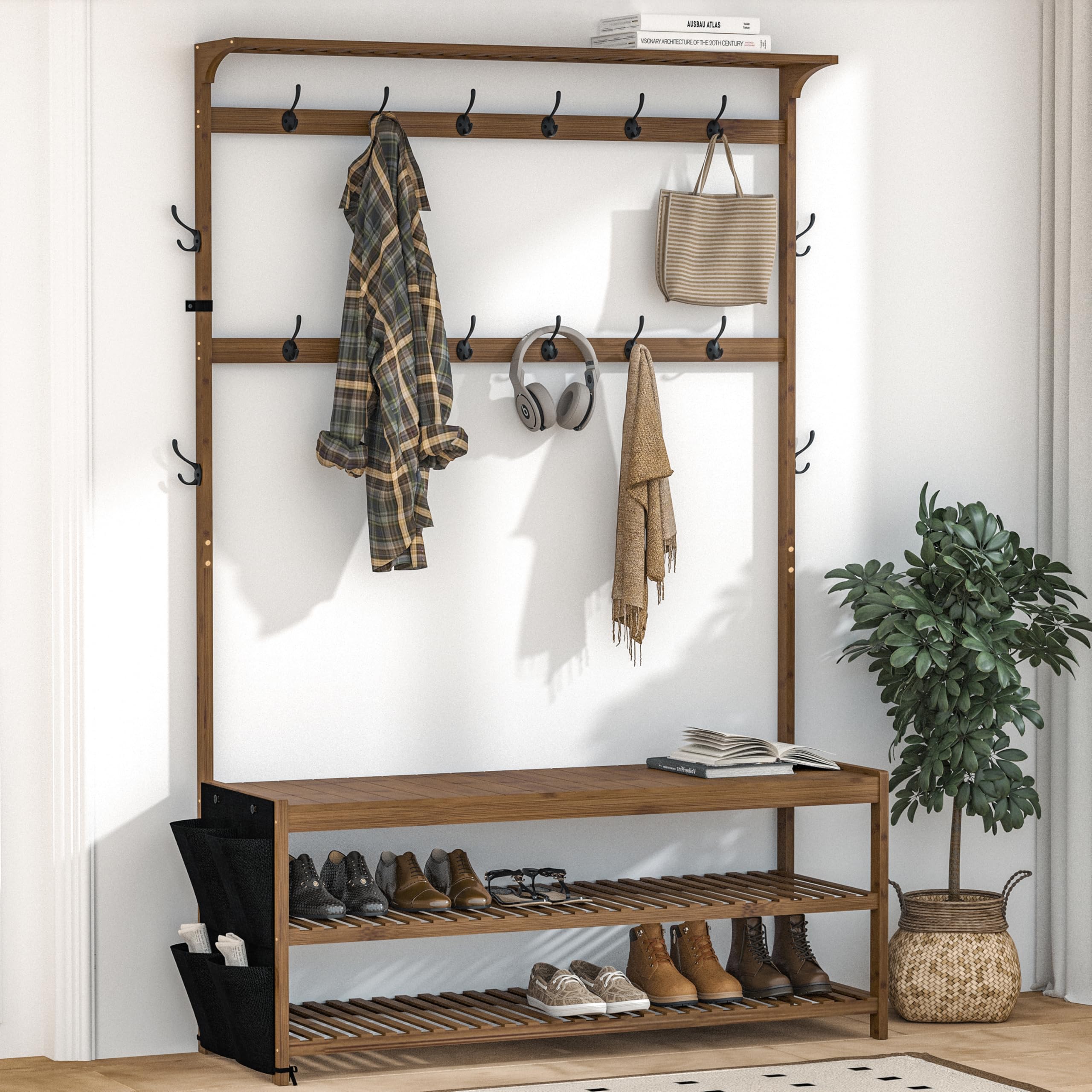 AMBIRD 6-in-1 Bamboo Hall Tree with Shoe Storage, Entryway Organizer Shoe Bench with 16 Coat Hooks and Cloth Bag, Sturdy Bamboo Storage Bench, 46 * 15 * 70 inches Brown