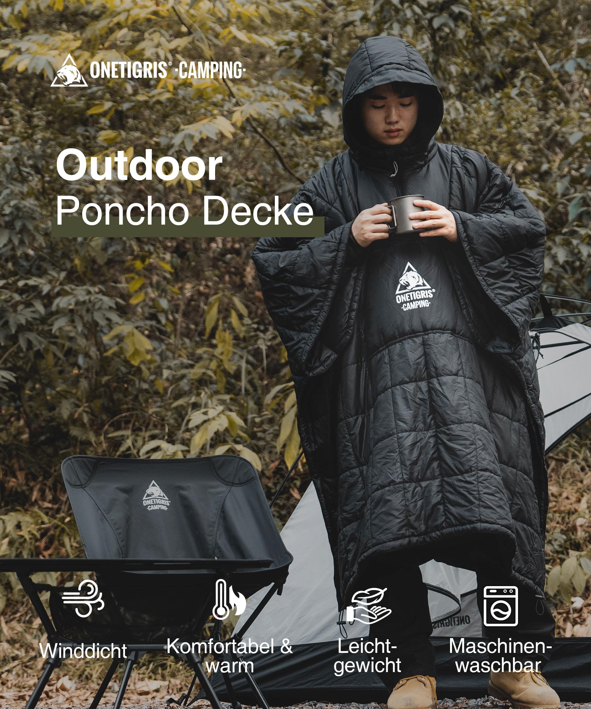 OneTigris Manta de poncho de camping con aislamiento Thinsulate 3M, manta impermeable cálida, con bolsillos grandes, manta portátil con capucha para exteriores, senderismo, viajes