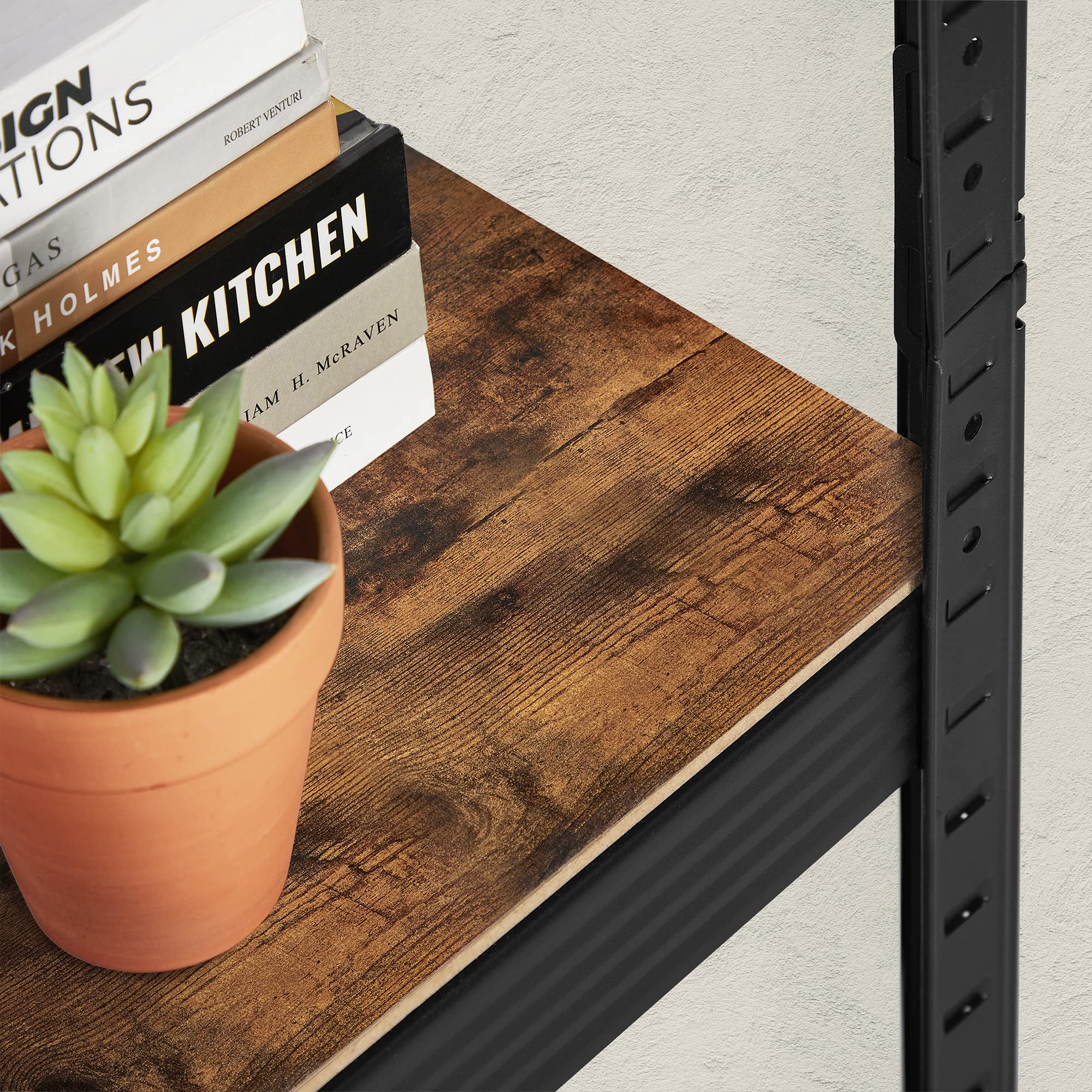 SONGMICS Estantería de 5 Niveles, 37 x 37 x 150 cm, Carga de 400 kg, Estantes Ajustables, Estilo Natural, para Cocina, Salón, Marrón Rústico y Negro GLR037B01
