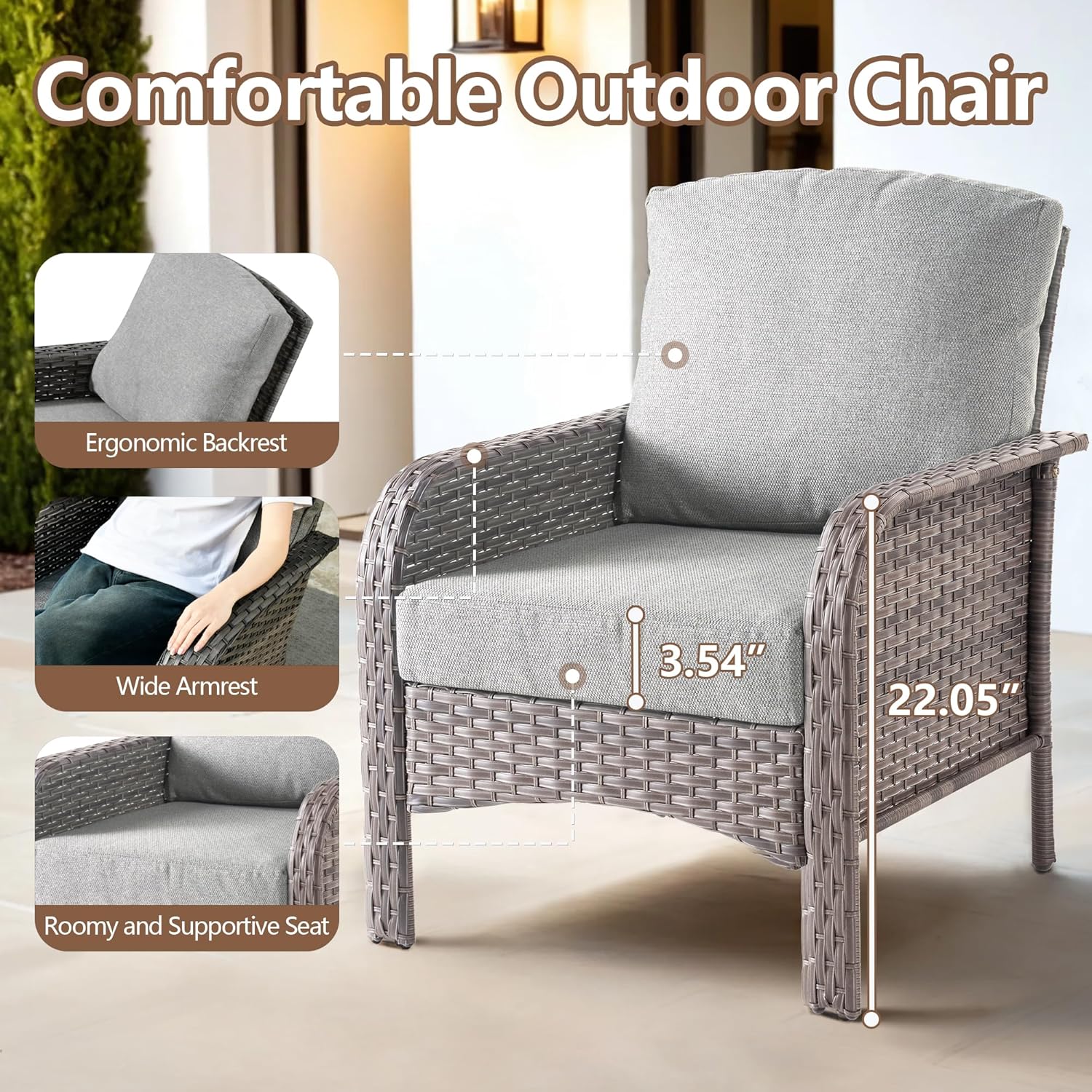3 PCS Outdoor Patio Furniture Set with Side Table, All-Weather Rattan Wicker Outdoor Conversation Set with Thickened Cushions for Balcony Backyard Garden Lawn,Dark Grey