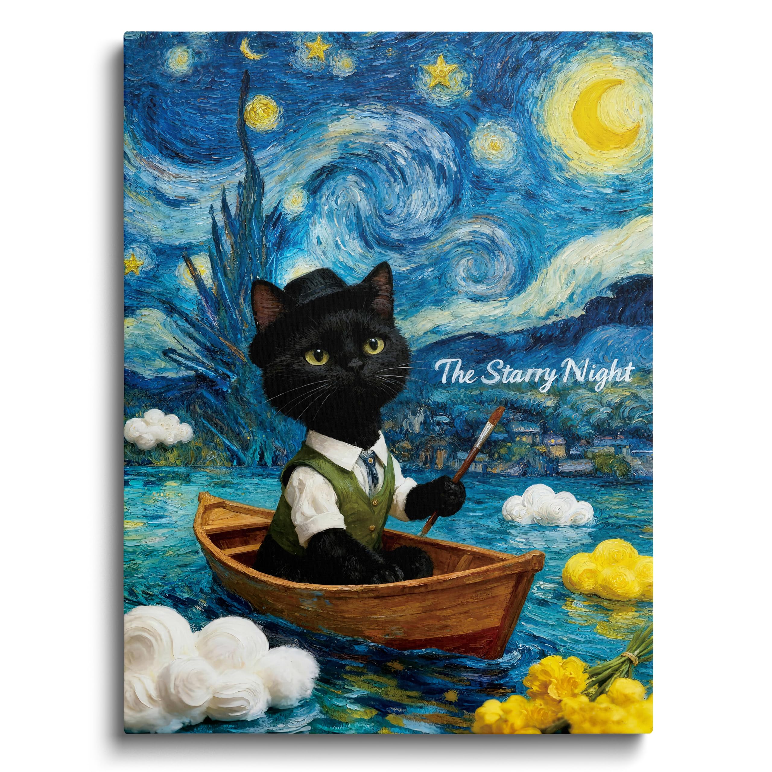 TimAsh Starry Night Cat Wall Art, Van Gogh Inspired Black Cat Painting, Framed Vintage Canvas Print for Living Room Bedroom Home Decor, Funny Animal Poster 16x24 Inches — image 1