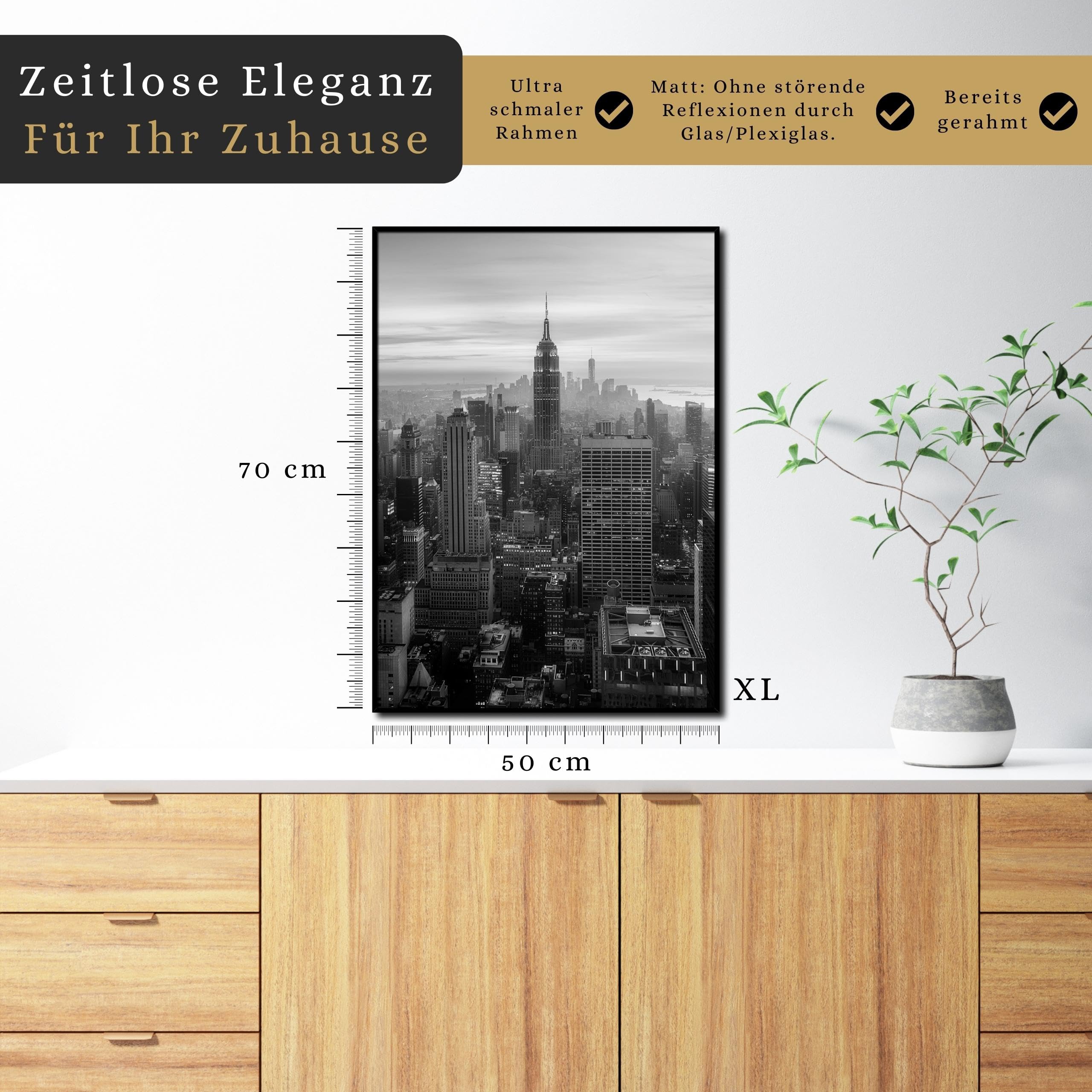 daazoo Bild New York Empire State Building mit Rahmen 50 x 70 cm (AUFHÄNGFERTIG) - Blick auf die Skyline von New York - Gerahmtes Wandbild - Bilder Set - schwarzweiß schwarzweiss schwarz weiss weiß