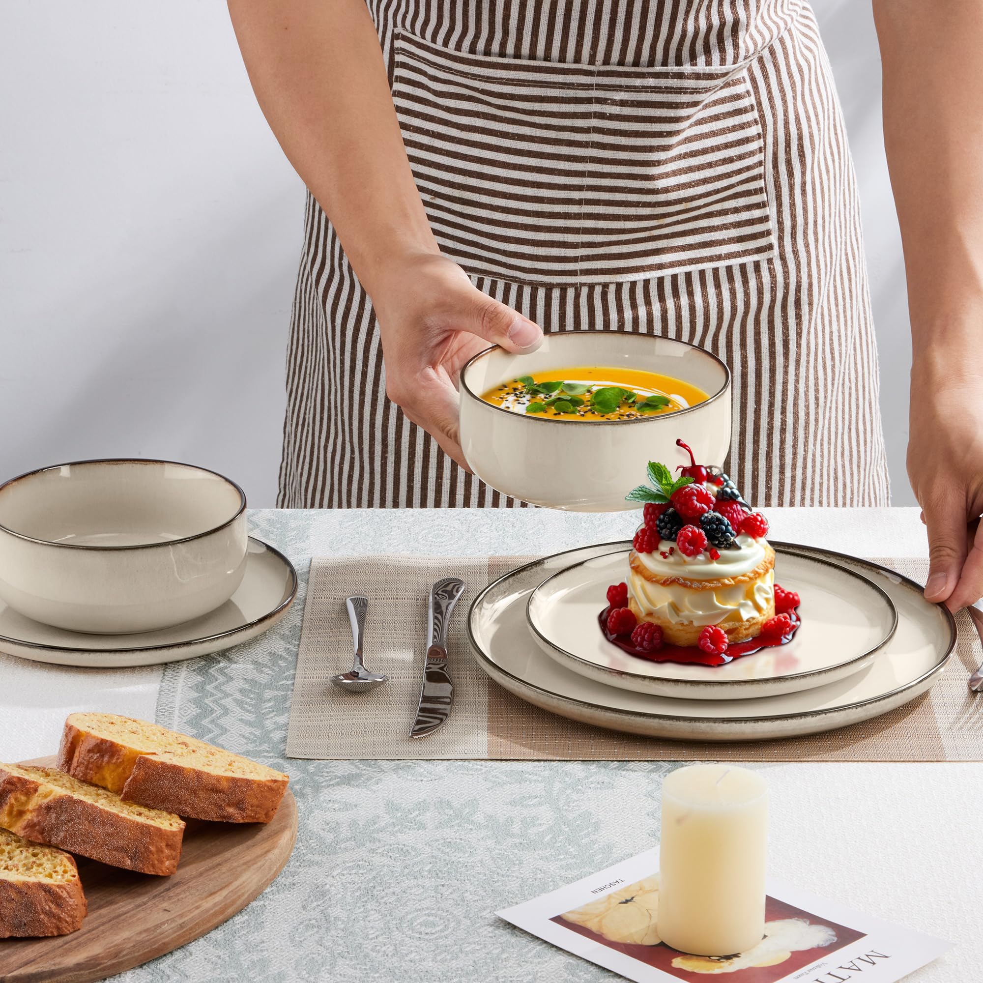 Joyfair Service de table pour 6 personnes, 18 pièces, en grès résistant, rayures, assiettes plates, dessert, bols céréales, micro-ondes, lave-vaisselle, kaki récif
