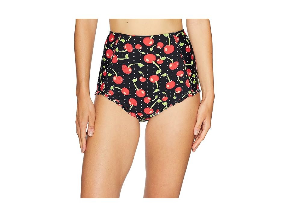 

Unique Vintage Bette High-Waist Swim Bottoms (Black/Red Cherry) Women's Swimwear, Multi