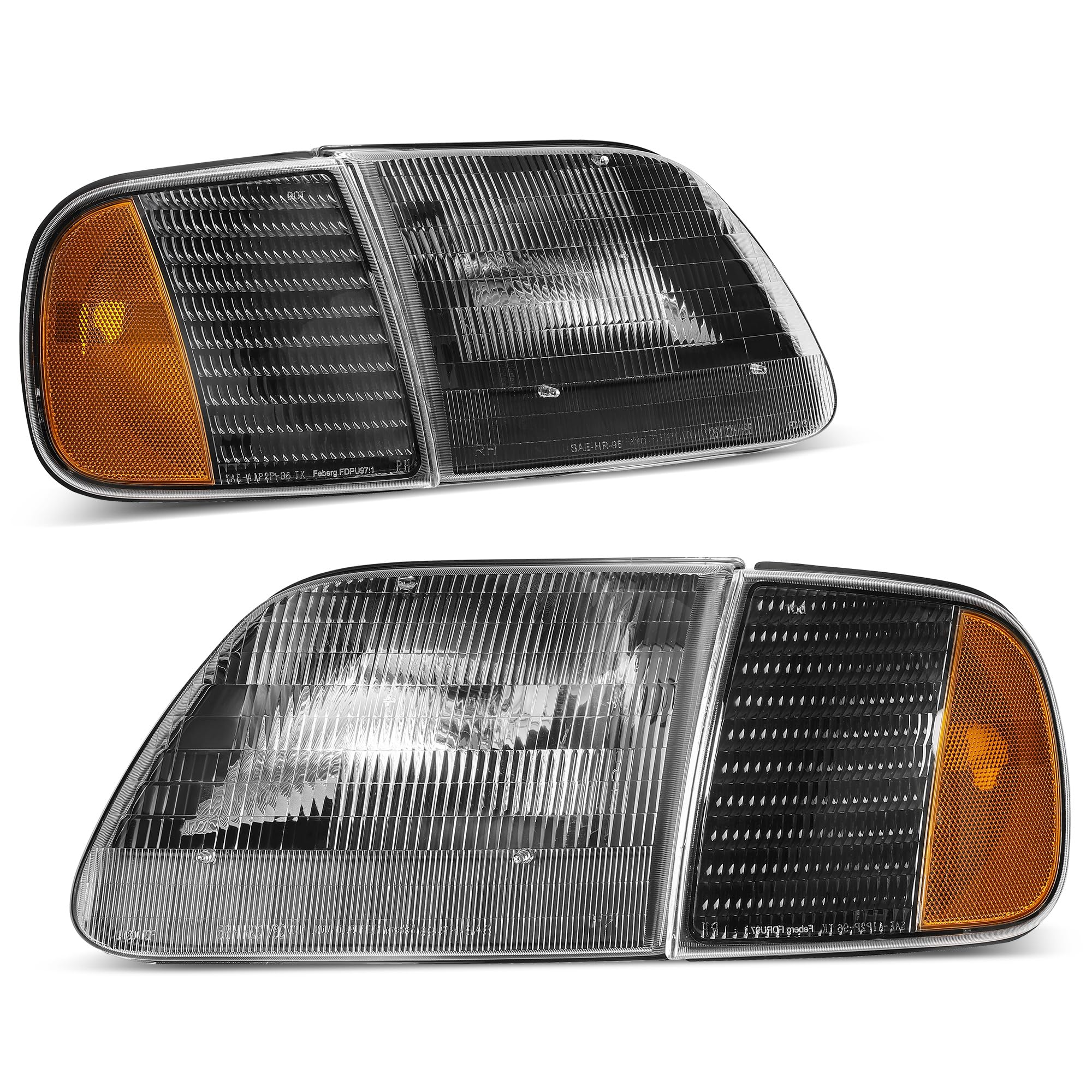 AUTOSAVER88 Headlight Assembly Compatible with 97-03 Ford F-150/97-02 Ford Expedition Pickup Headlamp Replacement Black Housing Amber Reflector