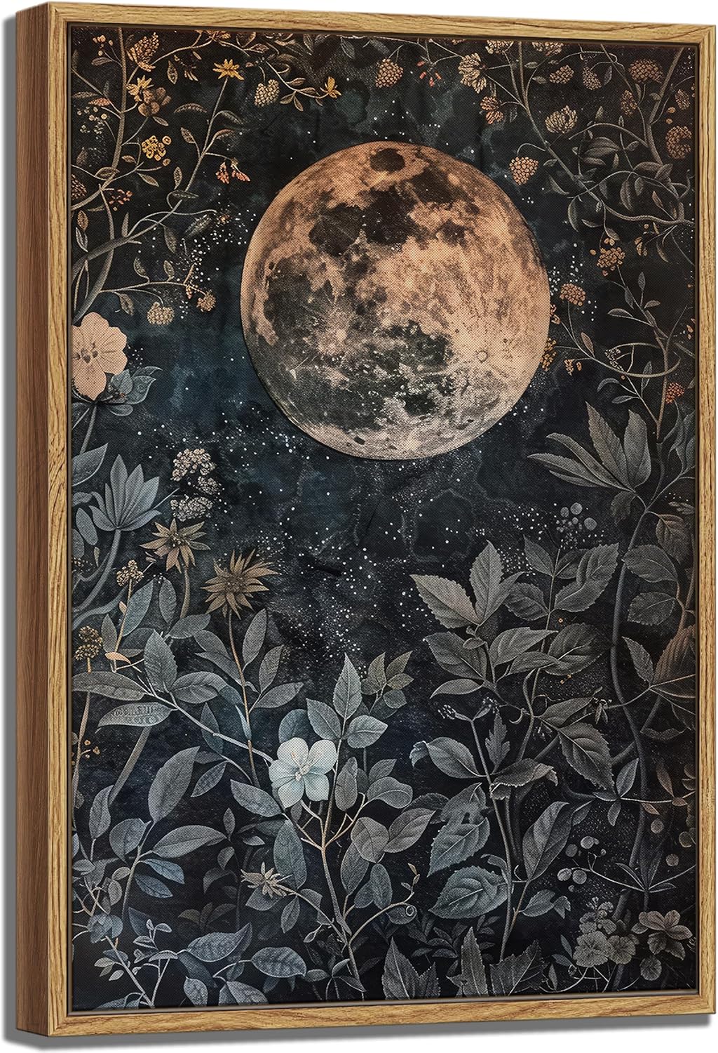 Framed Vintage Moon Flowers Wall Art Decor, Gothic Celestial Moon Canvas Wall Art, Dark Academia Moody Cottage core Botanical Canvas Prints Artwork for Bedroom Living Room Home Decor 12x16''