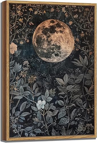 Arte de pared vintage enmarcado con flores de luna, arte de pared gótico de luna celestial, arte de pared en lienzo botánico de academia oscura con
