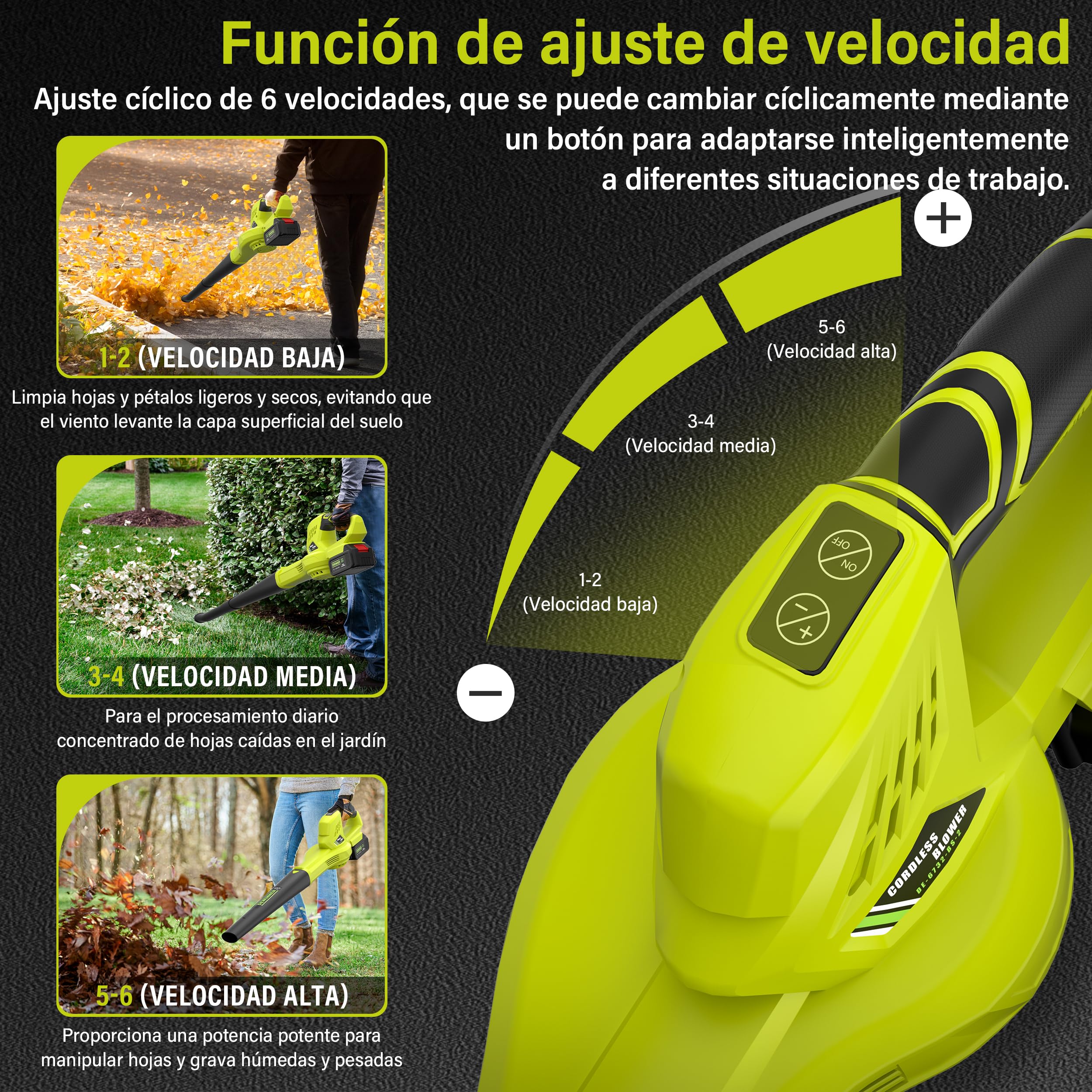 DEWINNER Soplador de Hojas Inalámbrico, 2x4,0Ah Baterías, 210 km/h | 6 Velocidades Ajustables, 2 Tubos Desmontables, Kit Completo, Profesional para Jardín, Compatible con Baterías Makita, Verde