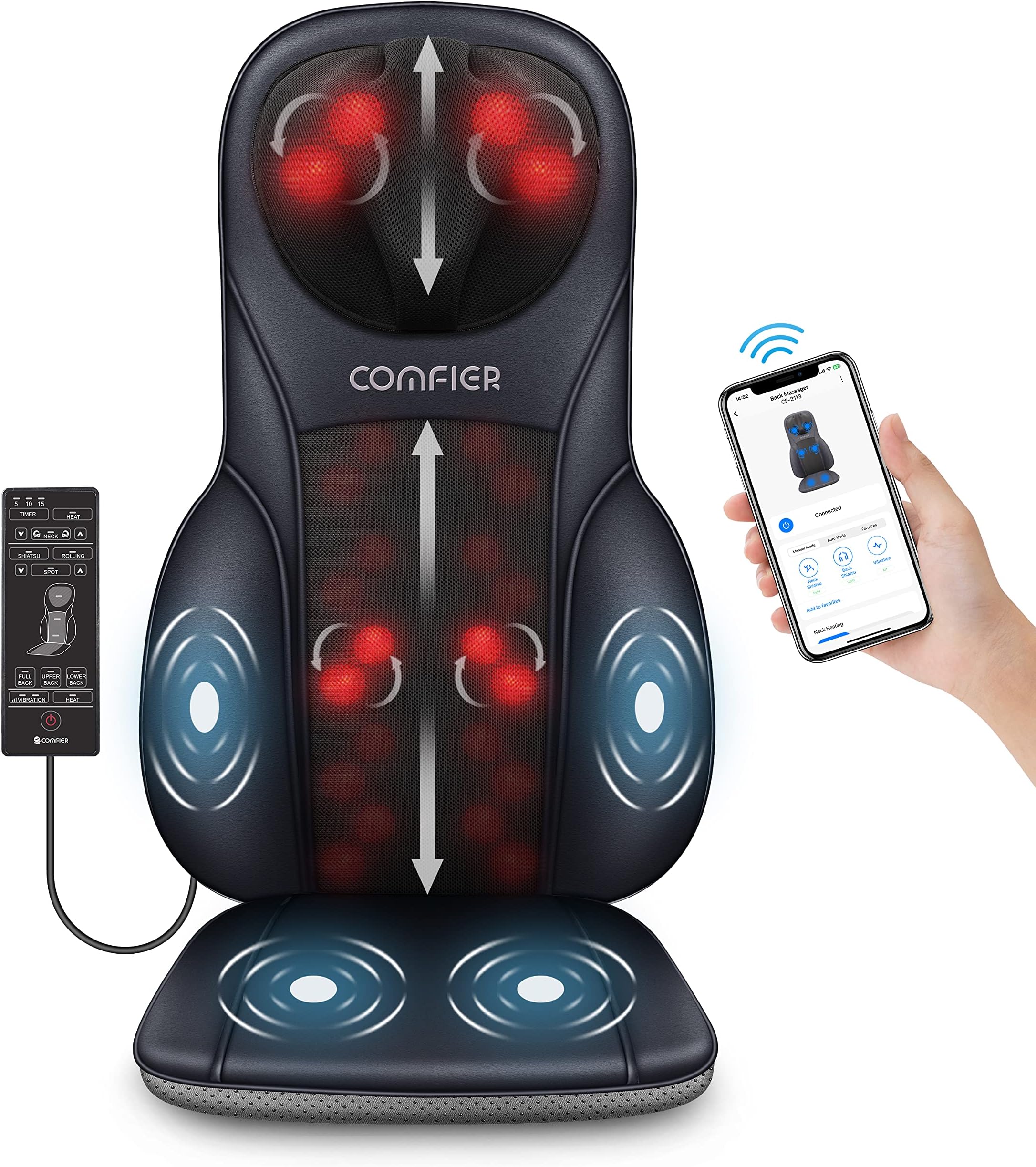 COMFIER Shiatsu Neck&Back Massager APP Control,Massagers for Neck and Back with Heat,Height Adjustable Massage Chair Pad,Full Back Massage Seat Cushion for Back Pain Relief,Gifts for Him,her