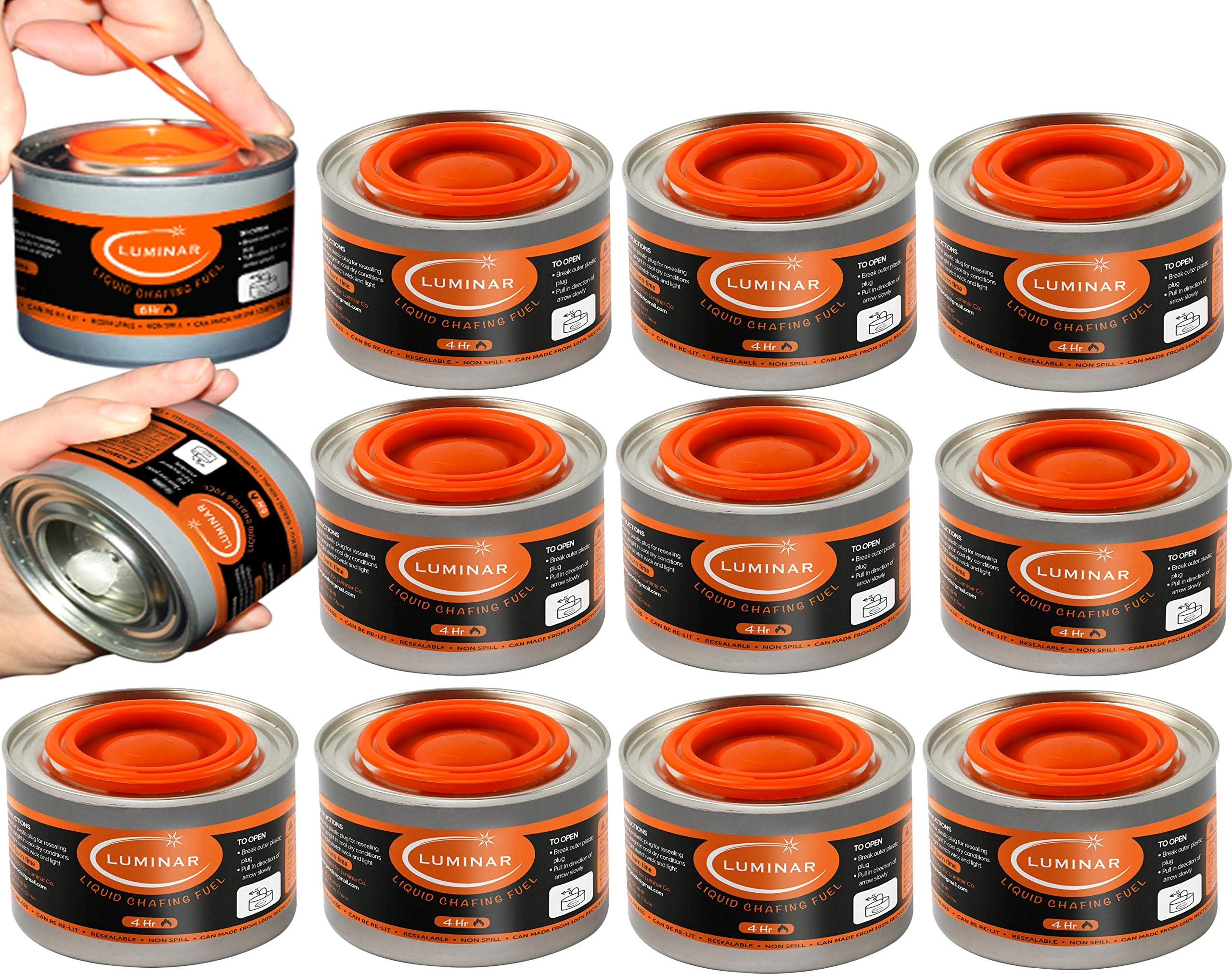 Resealable-Wick Chafing Fuel Cans, 12 Pack, 4 Hour - Premium Quality Burners for Food Warmers - No More Spills, Waste, or Hassle - Perfect for Convenient, and Long-Lasting Event Catering