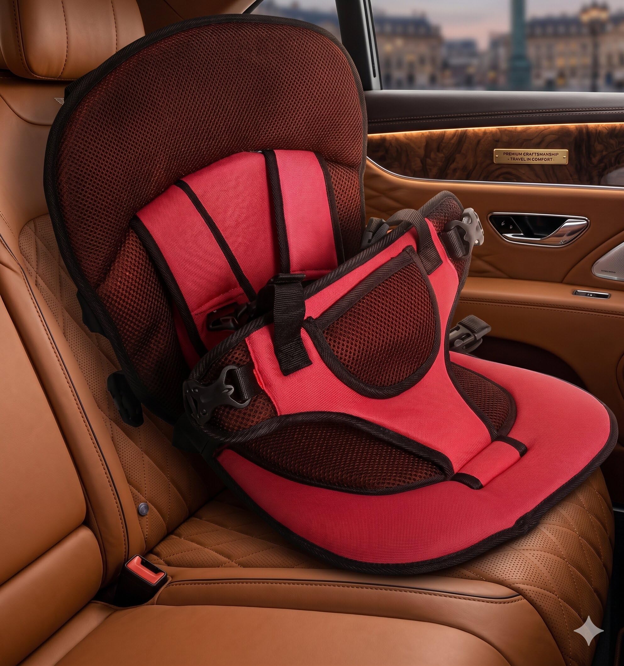 Red Portable Kids Booster Cushion for Vehicle Seating, Toddler Travel Support Pad, Lightweight Ride Companion, Adjustable Harness Guard, Comfortable Family Journey Accessory, Anti-Slip Base, Breathable Mesh Design-image-31
