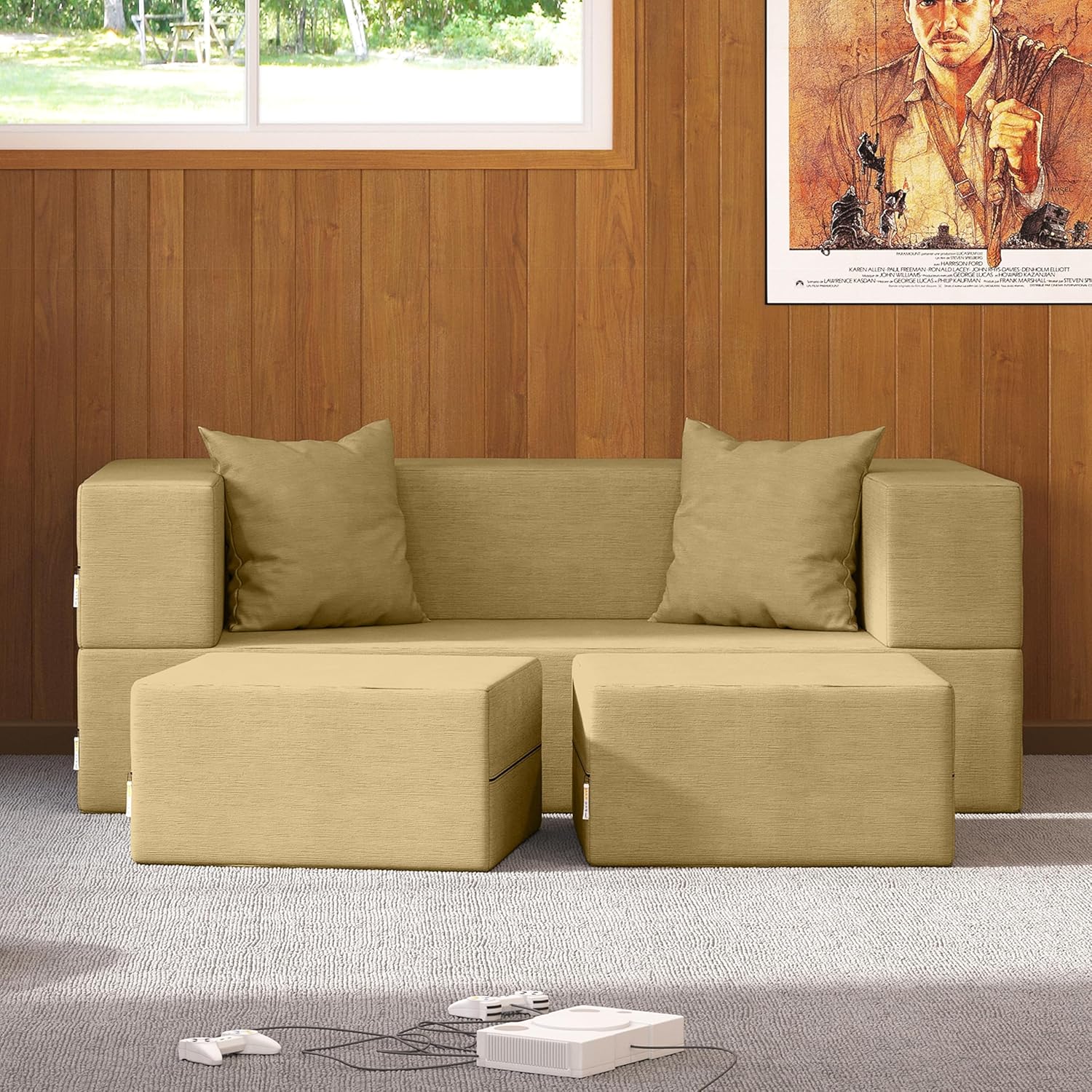 Jaxx Zipline Convertible Sleeper Loveseat & Ottomans, Textured Microvelvet - Camel
