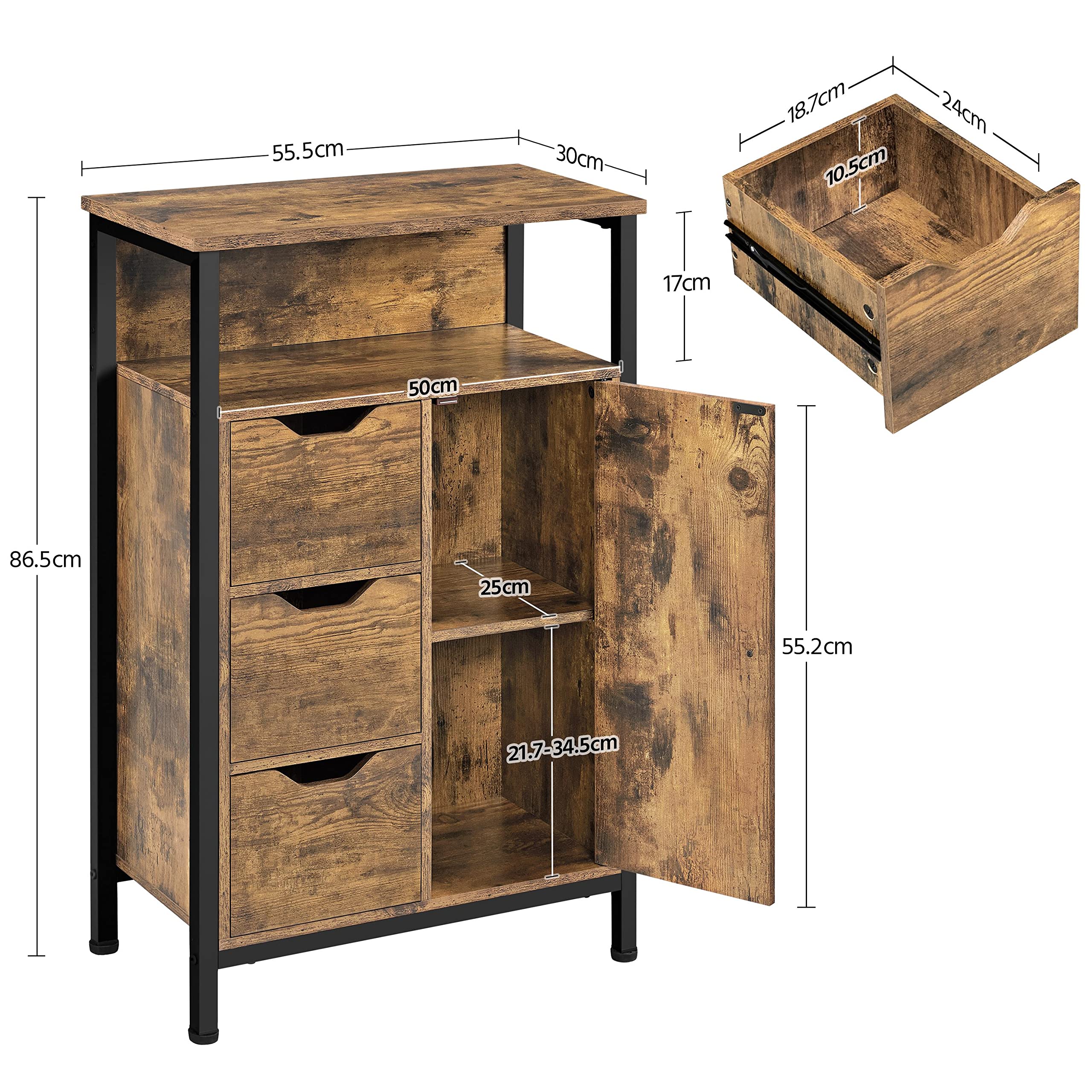 Yaheetech Meuble de Rangement Salle de Bains, 55,5× 30× 86,5 cm Brun | Armoire sur Pieds, Buffet Multifonctionnel Industrielle, avec 3 Tiroirs et 2 Etagères Réglables, pour Salon, Cuisine, Chambre
