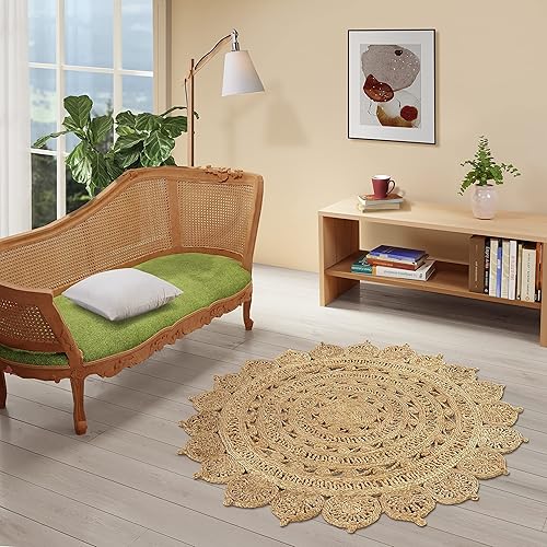 Vista 32 de GRUHUM Alfombra tejida a mano de yute redonda de 6 pies de fibra natural, alfombra rústica vintage bohemia y reversible trenzada beige, alfombras