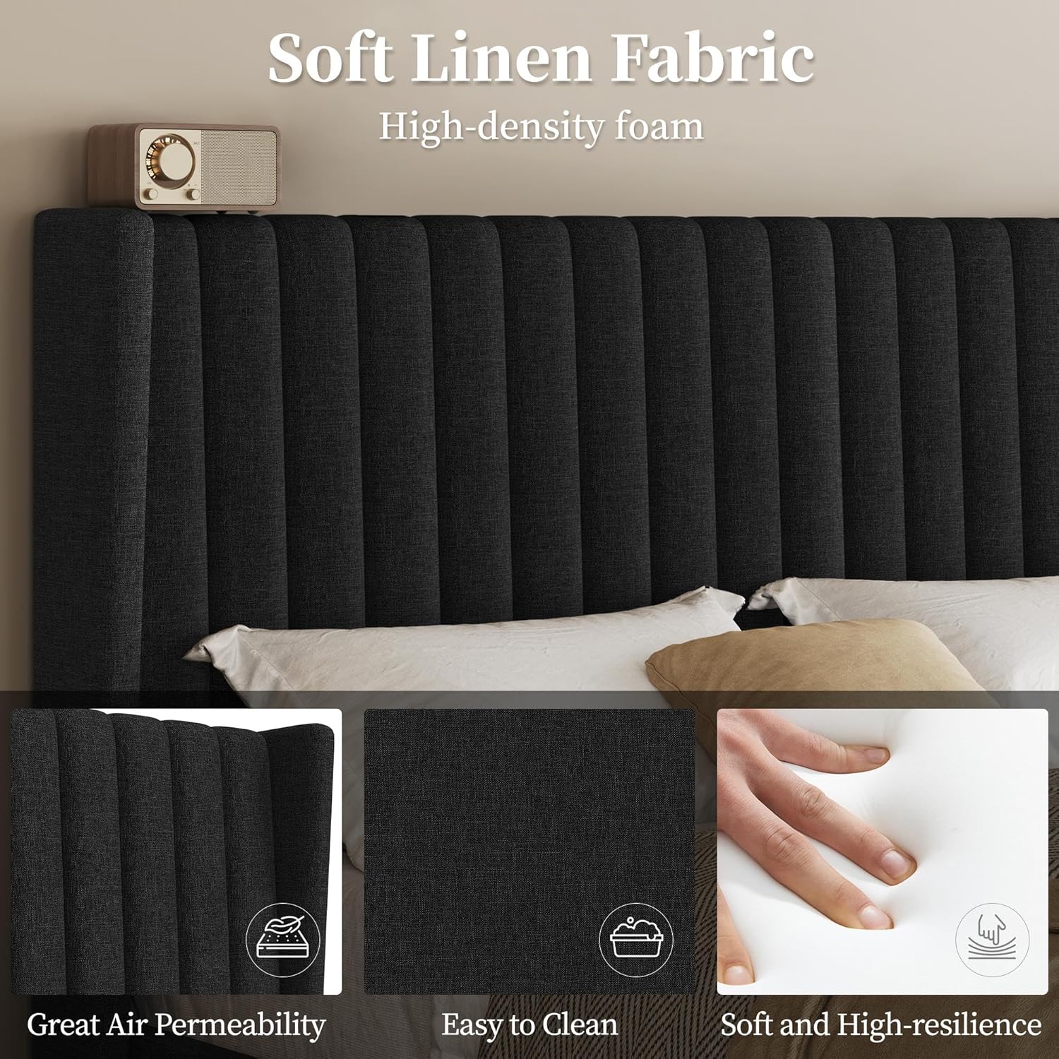 Yaheetech Queen Bed Frame Upholstered Platform Bed with Fabric Headboard, Wing Edge Design/Non-Slip and Noise-Free/Wooden Slats Support/No Box Spring Needed/Easy Assembly, Black Queen Bed - Image 5