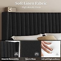 Vista 5 de Yaheetech - Base de cama tamaño queen con plataforma tapizada y cabecera de tela, diseño de borde ala, antideslizante y silenciosa, soporte de Negro