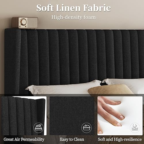 Miniatura 41 de Yaheetech - Base de cama matrimonial, plataforma tapizada con cabecera de borde ala, base de colchón de tela capitoné cuadrada, soporte de listones