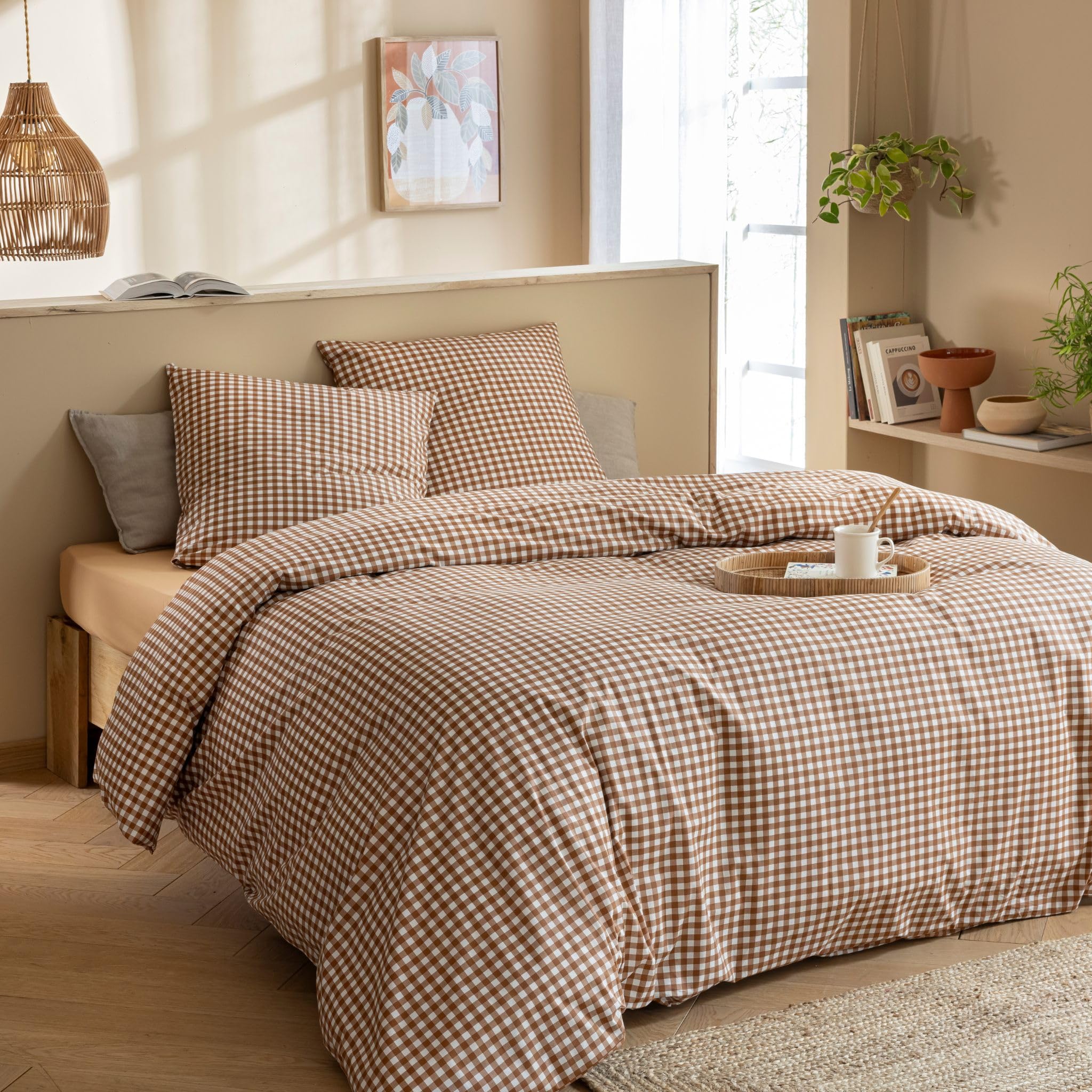 Terre de Nuit - Parure de lit Vichy 140x200 Marron - Marron Noisette - Carreaux - 57 Fils/cm² - Base Droite