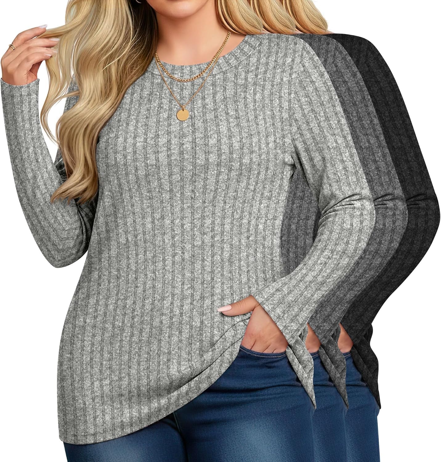 Velvelhall 3 Pack Women's Plus Size Tunic Sweaters Ribbed Long Sleeve Slim Fit Shirts Crewneck Pullover Casual Tops