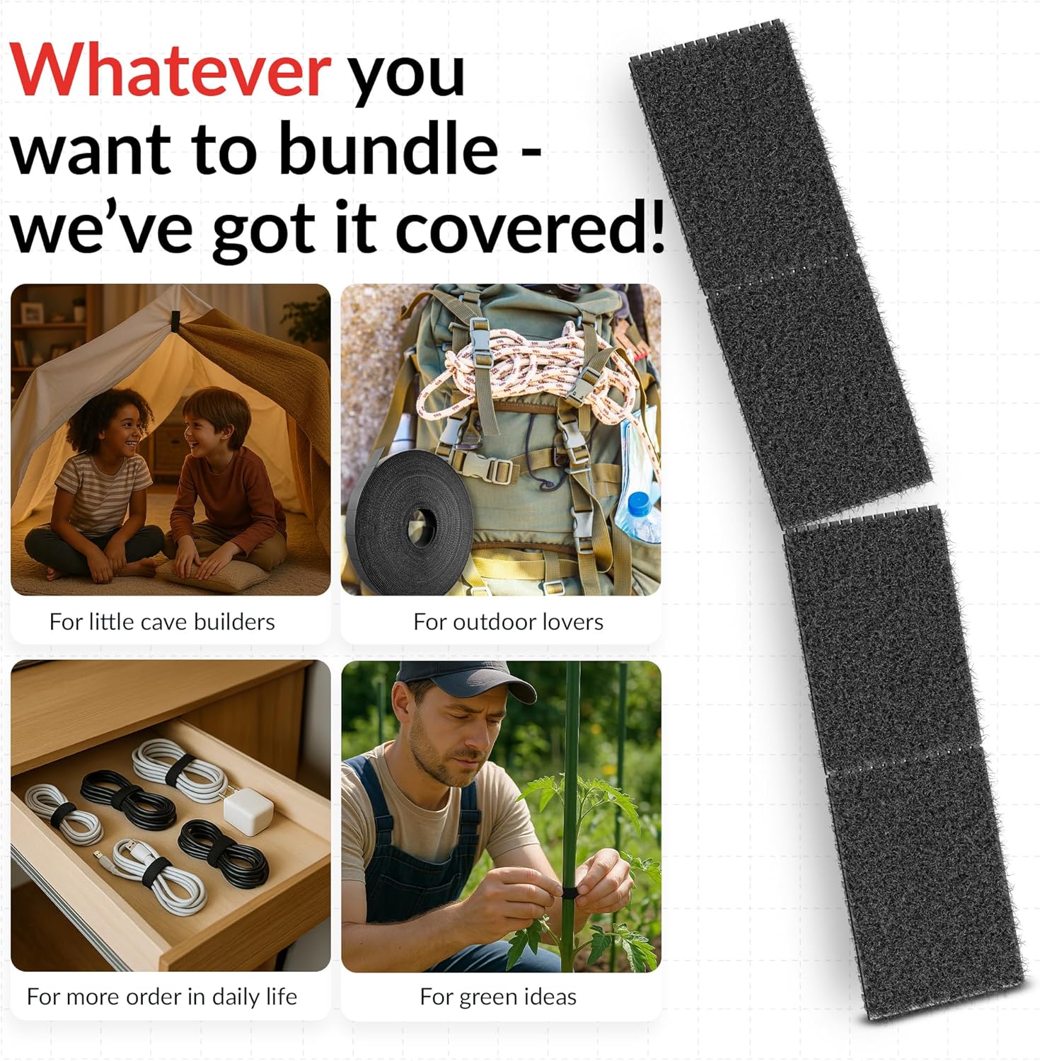 RIP Strap – Double-Sided, tearable Hook and Loop Tape – Segmented Cable Ties for Cable Management, DIY Projects & Plants – Reusable Hook and Loop Tape roll with Strong Adhesive (10 m)