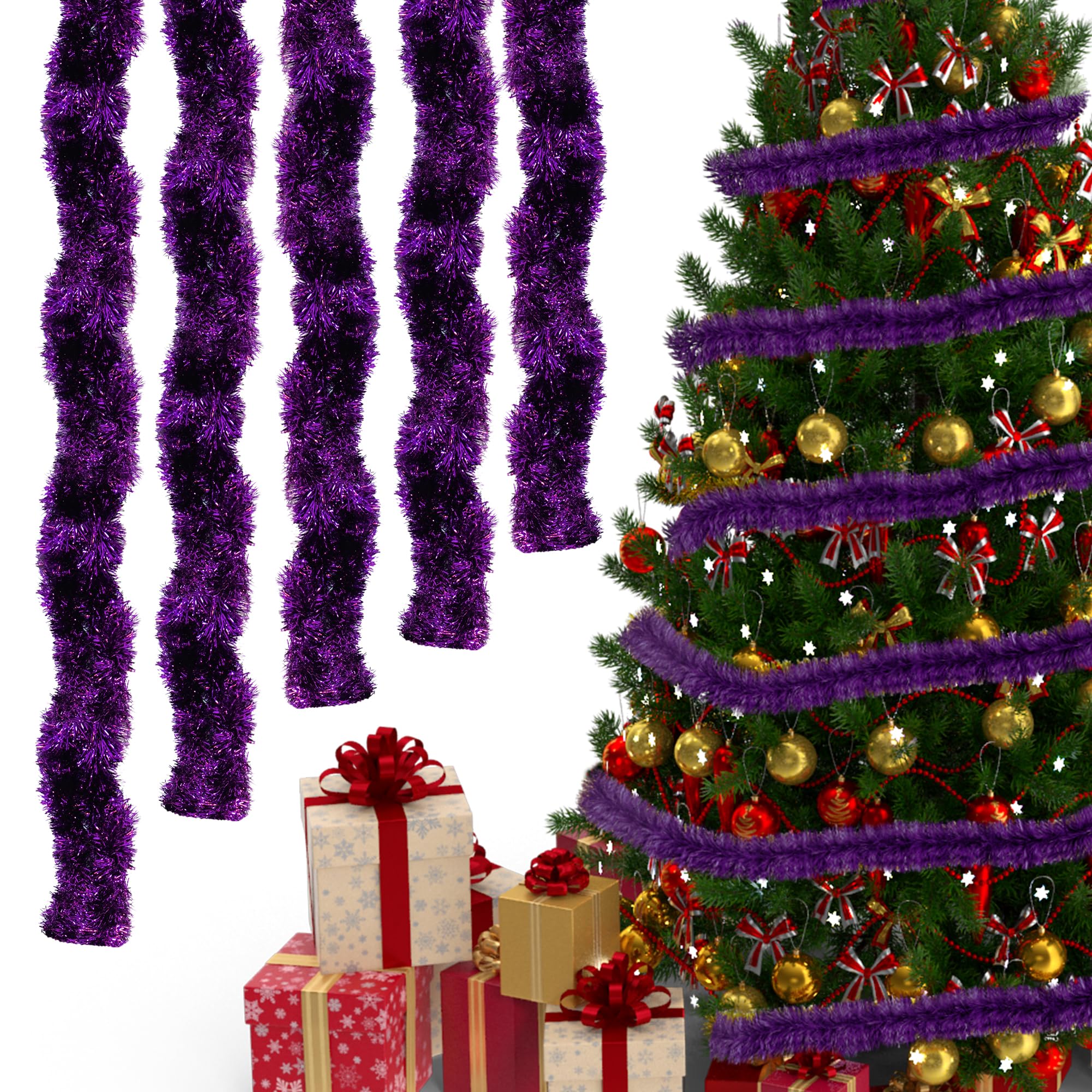 Trimming Shop 10M Purple Christmas Tinsel Garland Shiny Metallic Fine Foil Twist Xmas Tree Garland for Festive Party, Holiday Celebration, Indoor & Outdoor Hanging Decorations