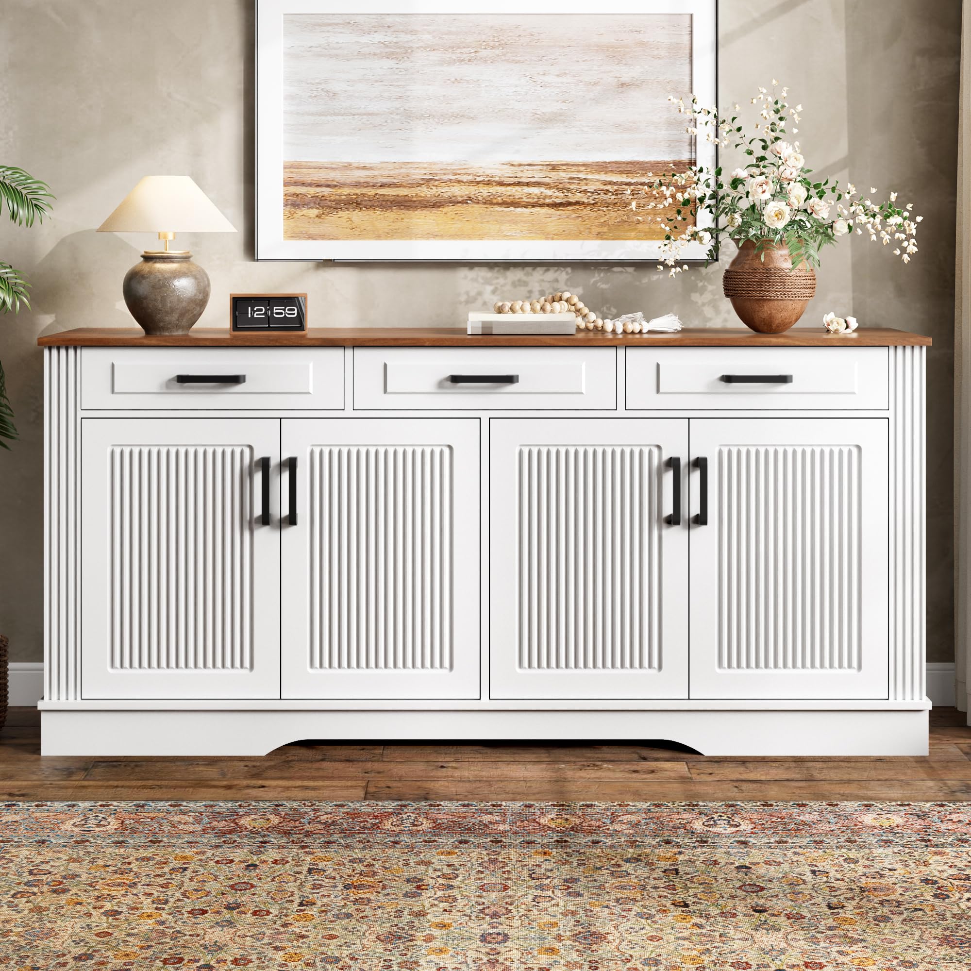 Sideboard Buffetschrank mit 4 Türen, 160 cm Küchenschrank Kommode mit 3 Schubladen, Moderne Stauraum Kücheninsel mit Regal, Aufbewahrungsschrank für Wohnzimmer, Esszimmer, Weiß, 160x40x75cm
