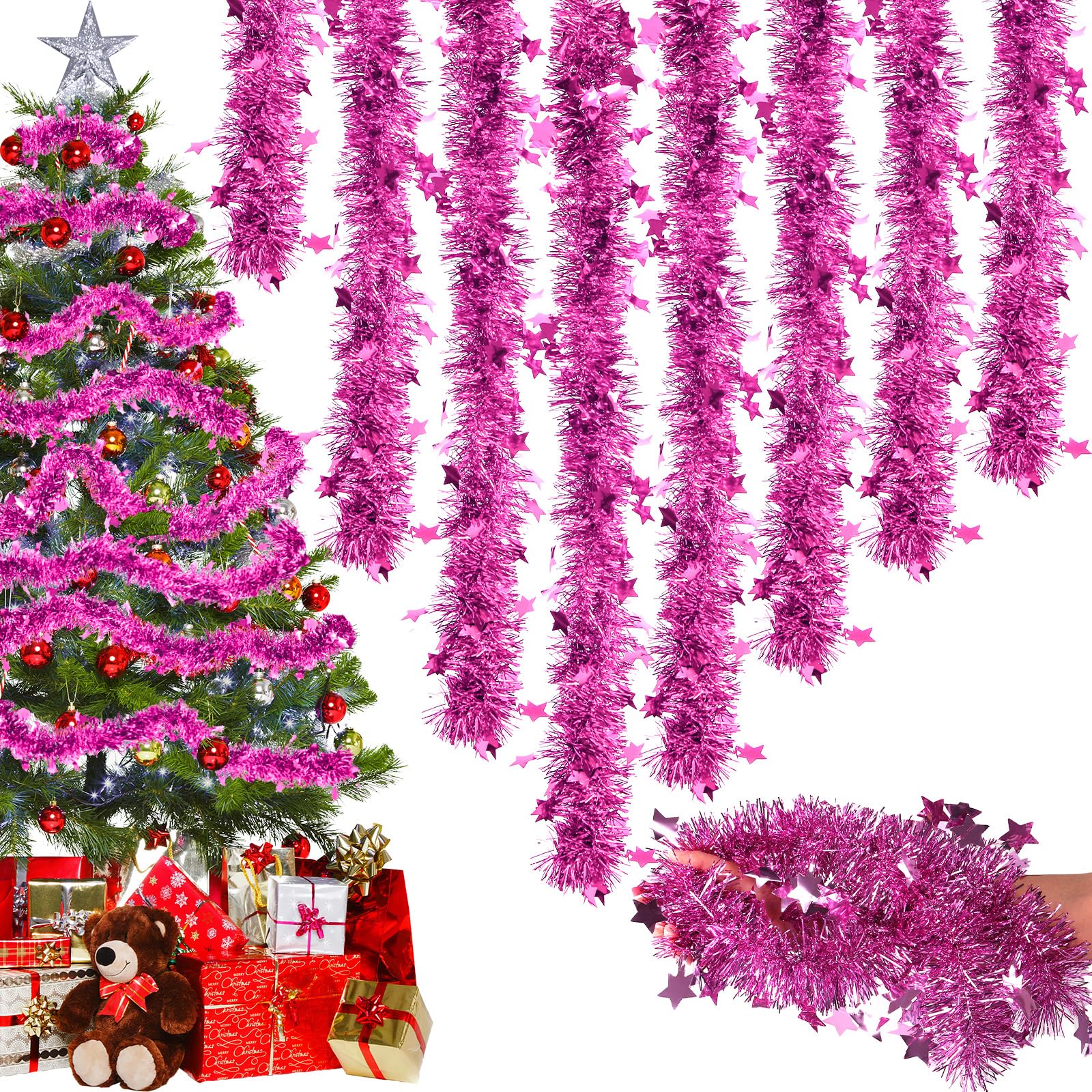 Guirnalda de Oropel Navidad, 12PCS×2M Christmas Decorations Rosa 16M Decoracion Arbol de Navidad Adornos Accesorios Navideños Decorado con Estrellas Árbol de Navidad Escaleras Chimenea