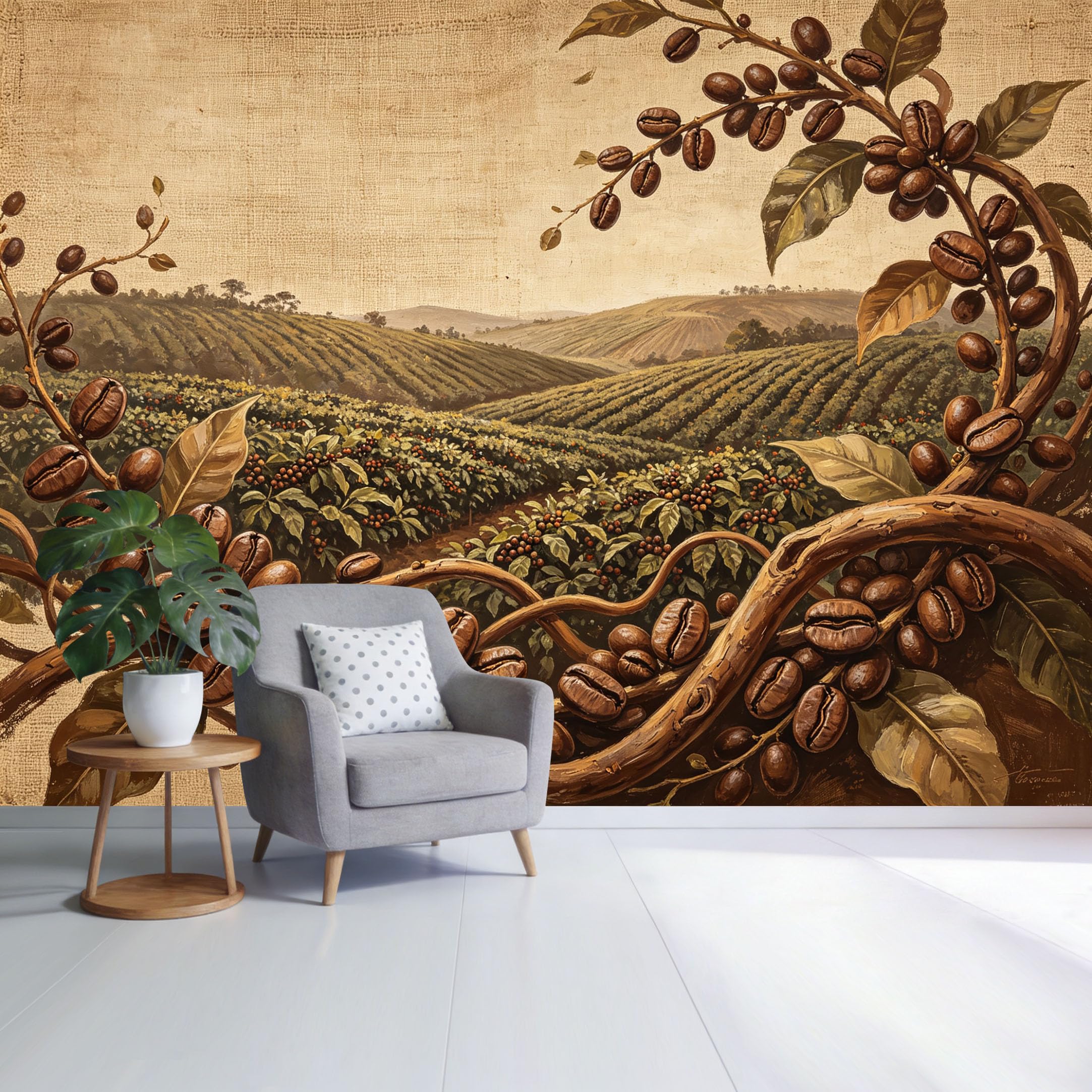 Custom Size Wall Mural Coffee Farm Landscape Botanical Vintage Painting Coffee Beans on Branch SelfAdhesive Wall Fabric Removable Wallpaper for Home Office Decor