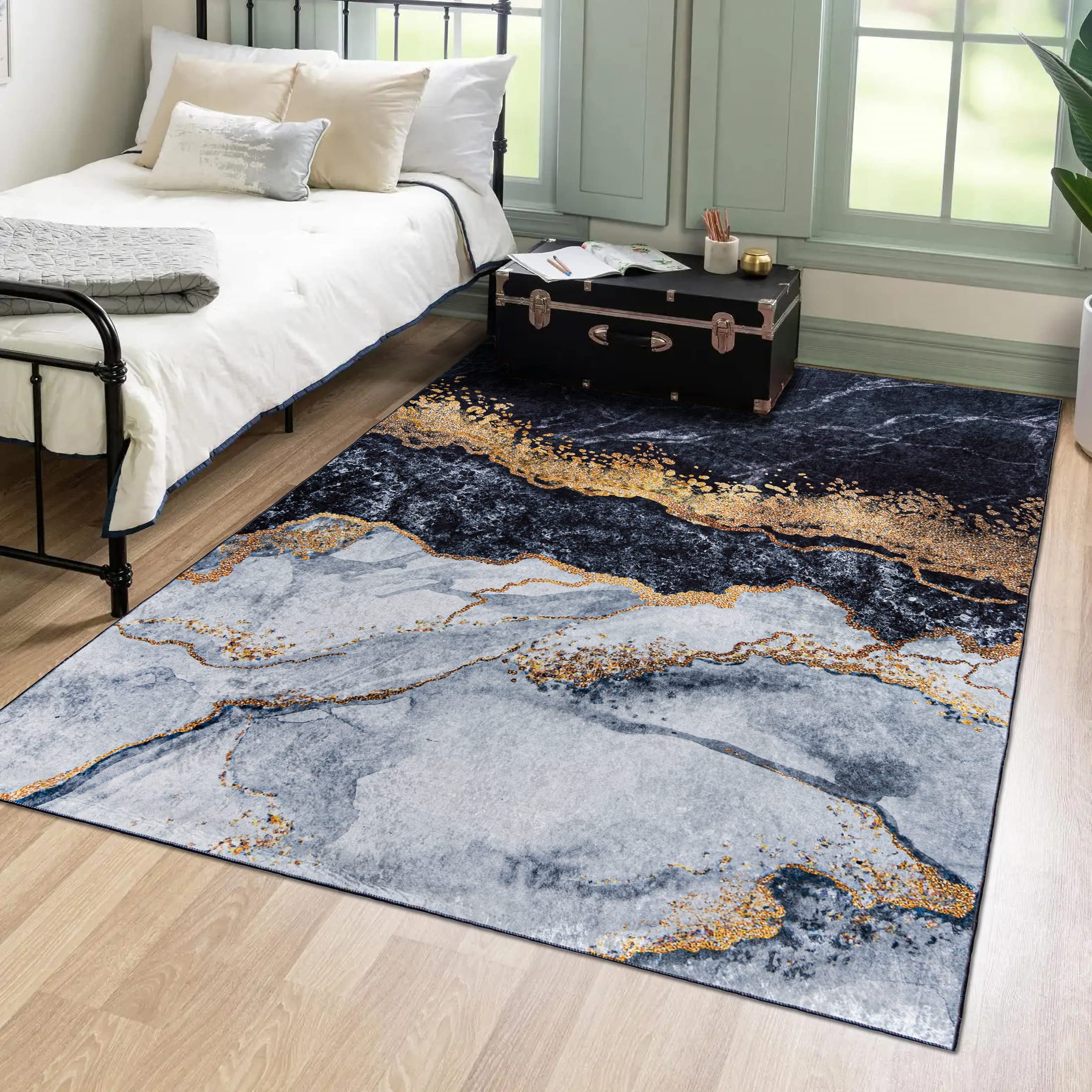 Mazovia Alfombra Salon Moderna - Lavable Alfombra Impresa - Alfombra Salon Pelo Corto - Alfombras Antideslizante - Alfombra Dormitorio Toscana Mármol Abstracto - Gris Oro 140x200cm
