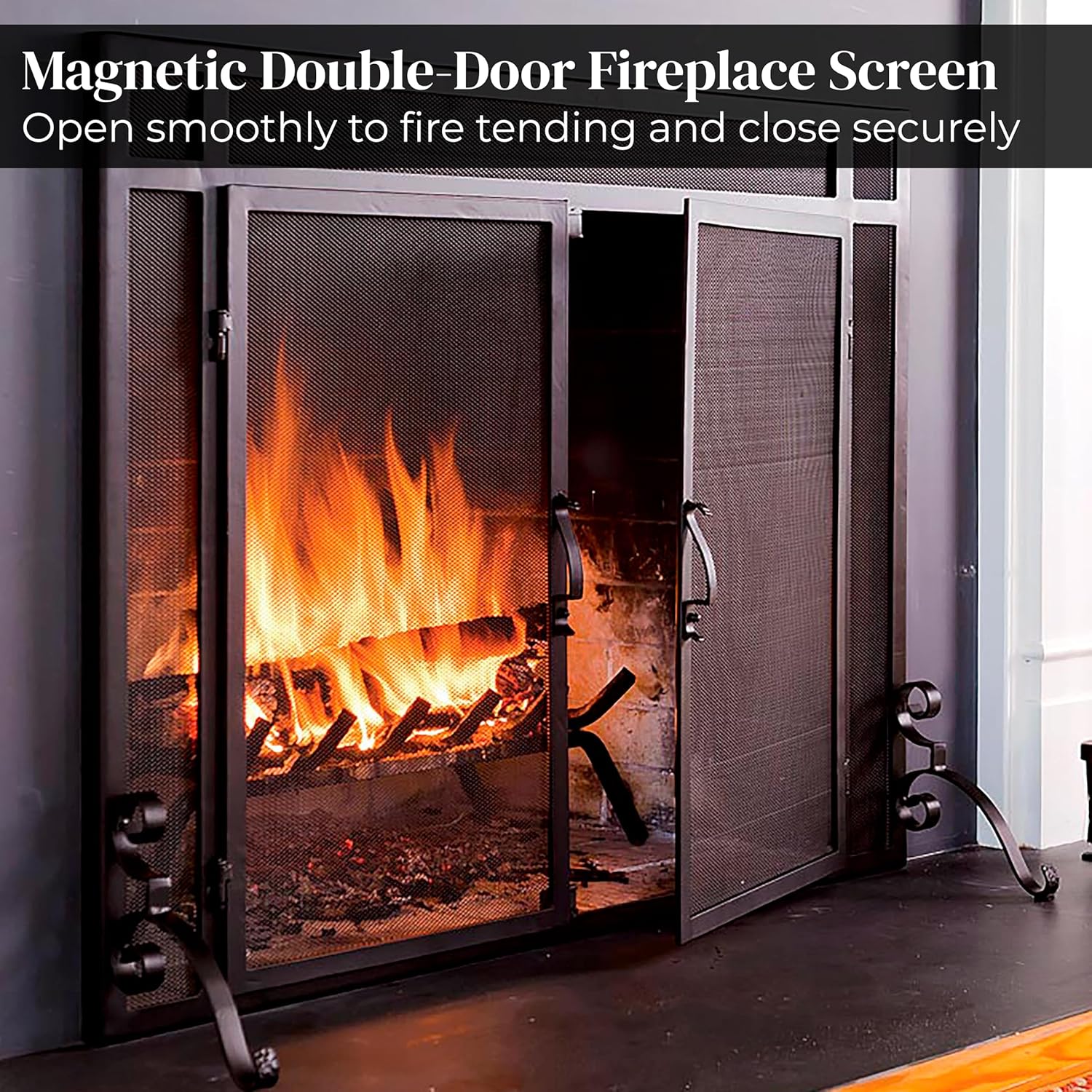 Plow & Hearth Metal Fireplace Screen Mesh Black | 44" W x 33" H | Dual Magnetic Hinged Doors | Spark Guard Cover | Stand Alone Wrought Iron Panel Fire Place Cover