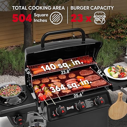 Miniatura 5 de Parrilla de gas propano de 3 quemadores con quemador lateral, cuerpo principal y tapa esmaltados de porcelana, parrilla de barbacoa de propano con