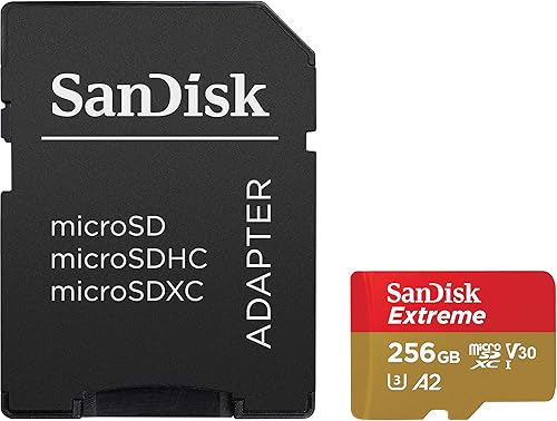 SanDisk - Tarjeta de memoria microSDXC UHS-I Extreme de 256 GB con adaptador - Hasta 160 MB/s, C10, U3, V30, 4K, A2, Micro SD - SDSQXA1-256G-GN6MA
