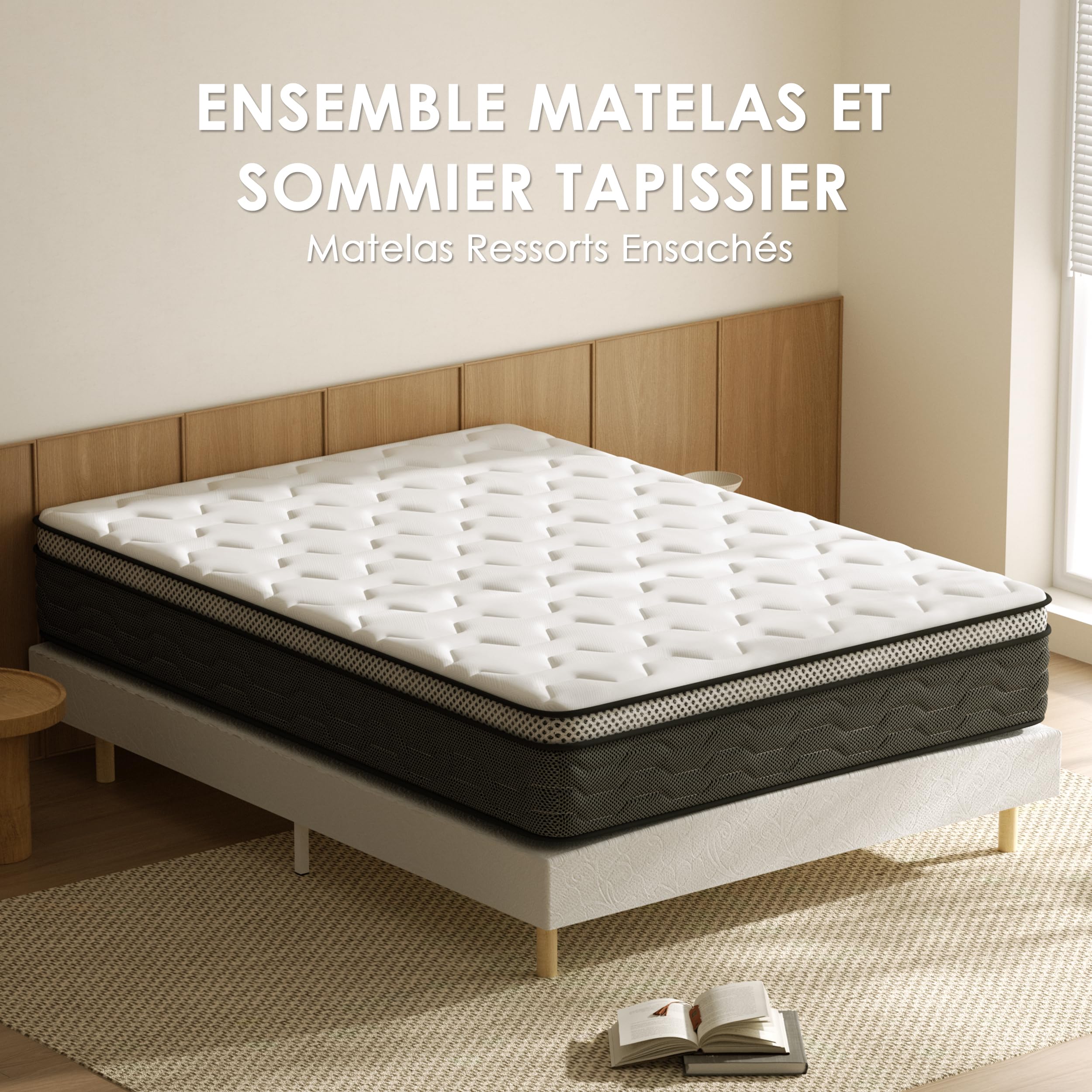 DEWINNER Ensemble Matelas et Sommier 160x200, Lit 160 x 200 avec Sommier tapissier et Matelas Ressorts Ensachés 160x200x25,9 Pieds Inclus (Pack Matela+Sommier tapissier)